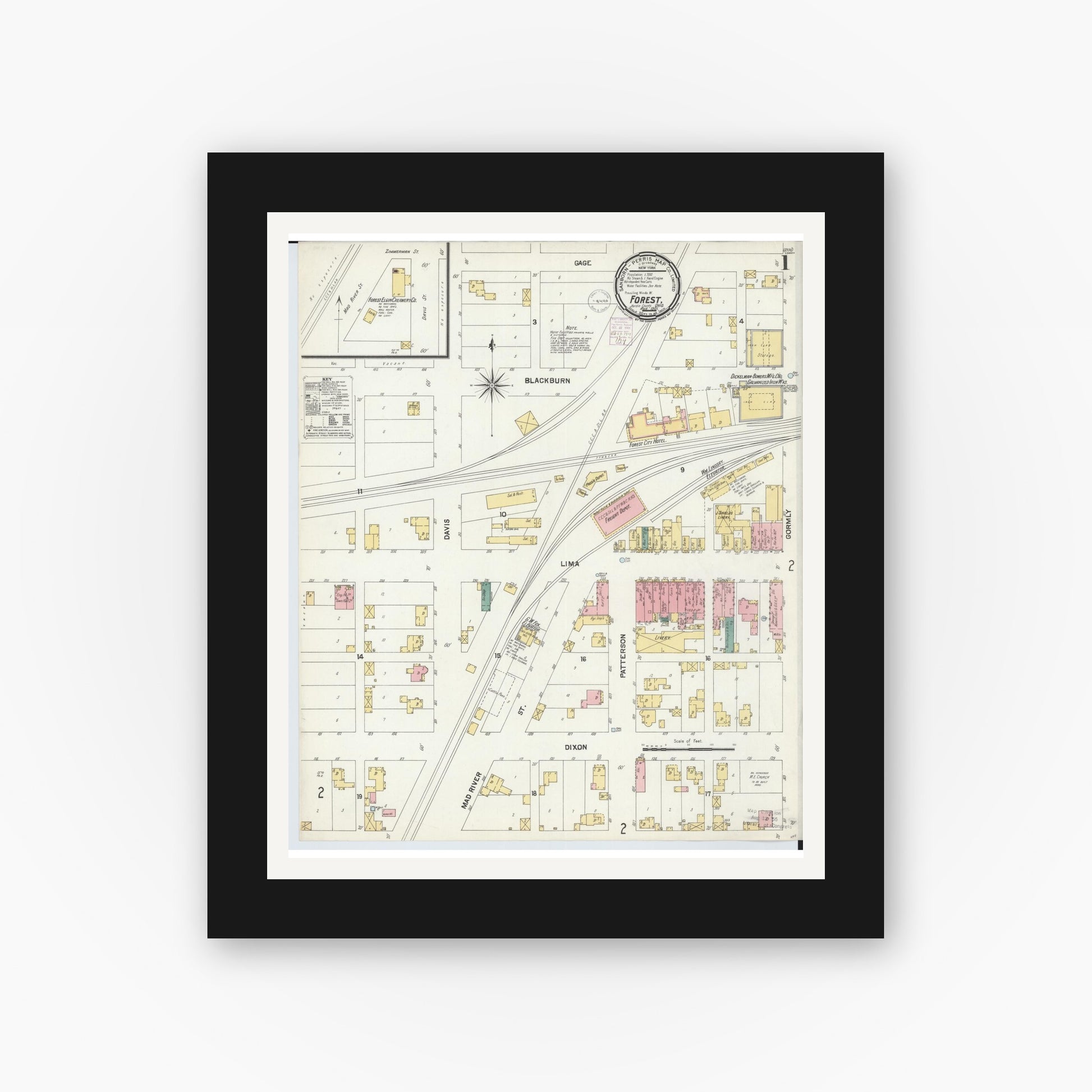 Old map wall art mockup — black gallery frame with white mat — Sanborn Fire Insurance Map from Forest, Hardin County, Ohio (1901), Sheet #0001