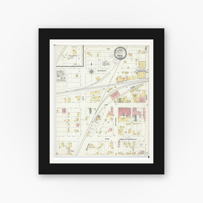 Old map wall art mockup — black gallery frame with white mat — Sanborn Fire Insurance Map from Forest, Hardin County, Ohio (1901), Sheet #0001