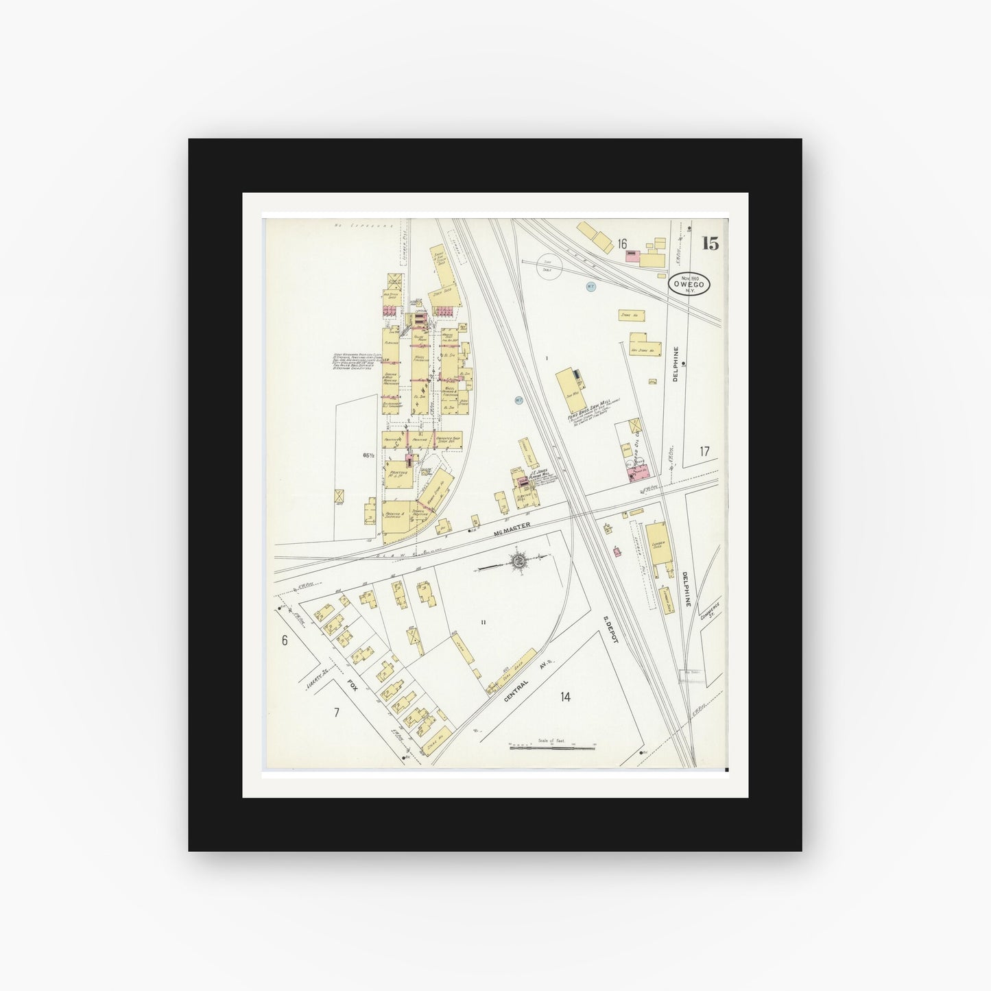 Old map wall art mockup — black gallery frame with white mat — Sanborn Fire Insurance Map from Owego, Tioga County, New York (1910), Sheet #0015