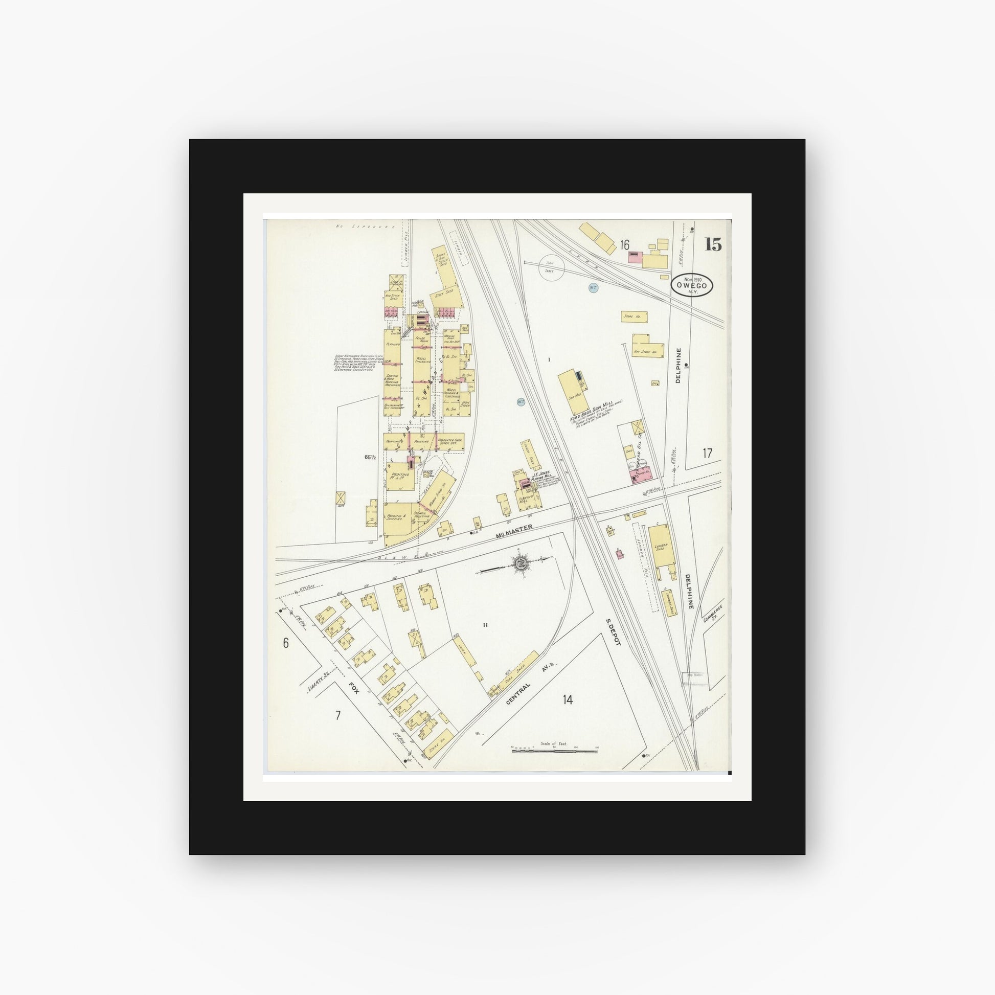 Old map wall art mockup — black gallery frame with white mat — Sanborn Fire Insurance Map from Owego, Tioga County, New York (1910), Sheet #0015