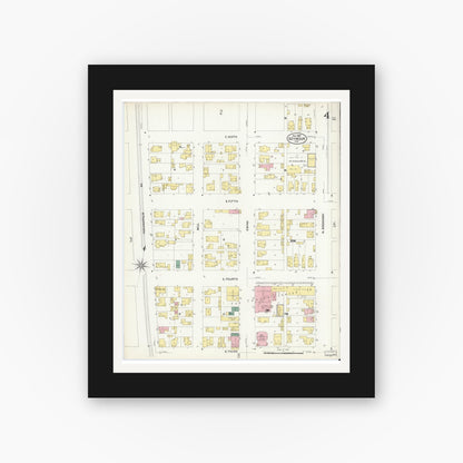Old map wall art mockup — black gallery frame with white mat — Sanborn Fire Insurance Map from Seymour, Jackson County, Indiana (1907), Sheet #0004