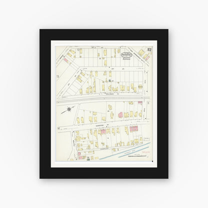 Old map wall art mockup — black gallery frame with white mat — Sanborn Fire Insurance Map from Waterford, Saratoga County, New York (1909), Sheet #0012