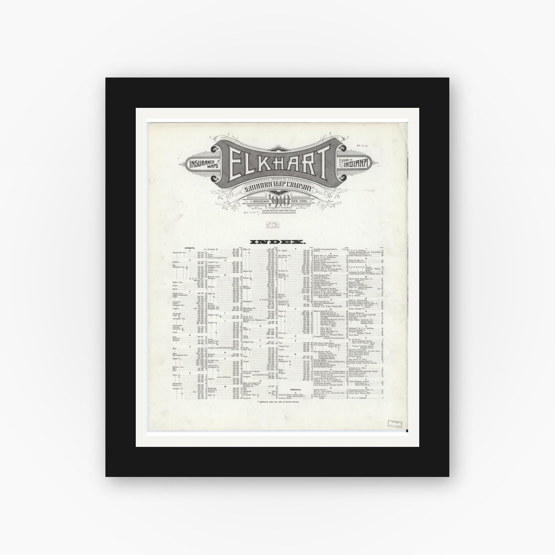 Old map wall art mockup — black gallery frame with white mat — Sanborn Fire Insurance Map from Elkhart, Elkhart County, Indiana (1910), Sheet #0001