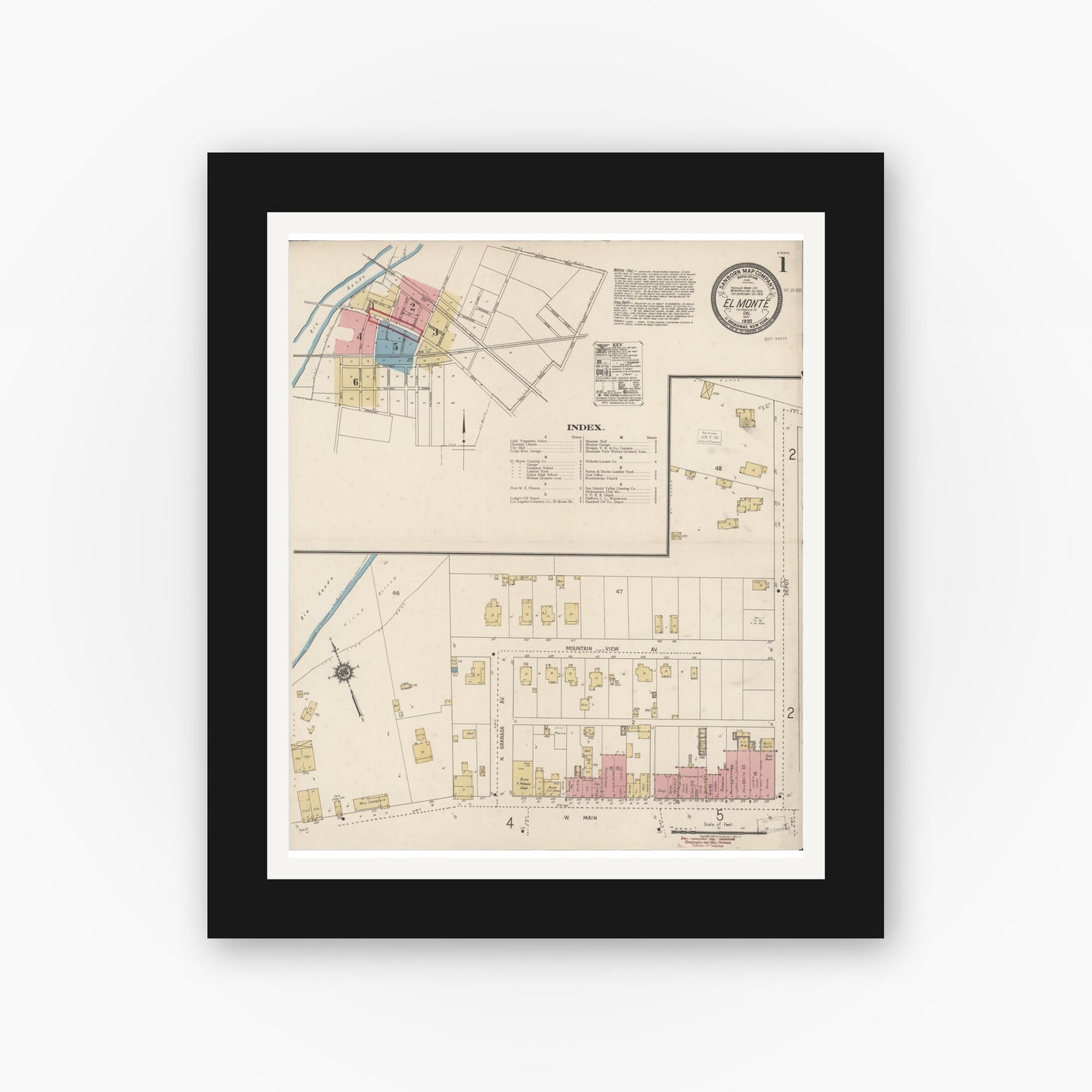 Old map wall art mockup — black gallery frame with white mat — Sanborn Fire Insurance Map from El Monte, Los Angeles County, California (1920) - Complete Map Set
