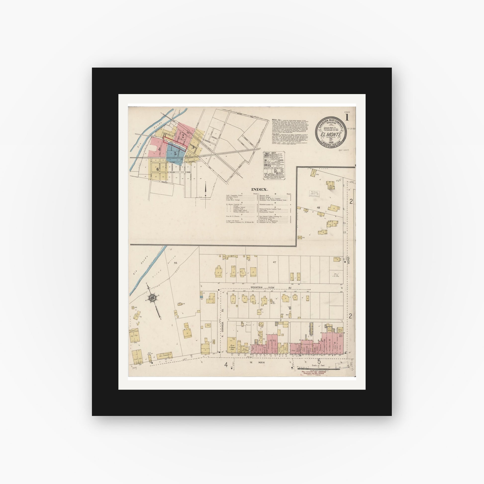 Old map wall art mockup — black gallery frame with white mat — Sanborn Fire Insurance Map from El Monte, Los Angeles County, California (1920) - Complete Map Set