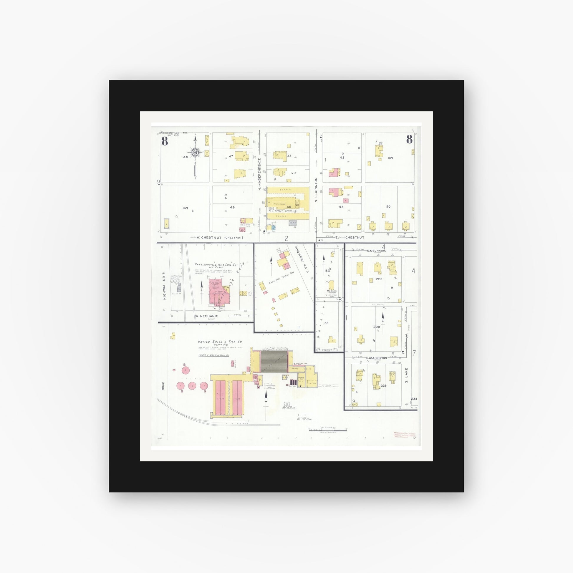 Old map wall art mockup — black gallery frame with white mat — Sanborn Fire Insurance Map from Harrisonville, Cass County, Missouri (1931), Sheet #0008