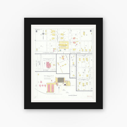 Old map wall art mockup — black gallery frame with white mat — Sanborn Fire Insurance Map from Harrisonville, Cass County, Missouri (1931), Sheet #0008
