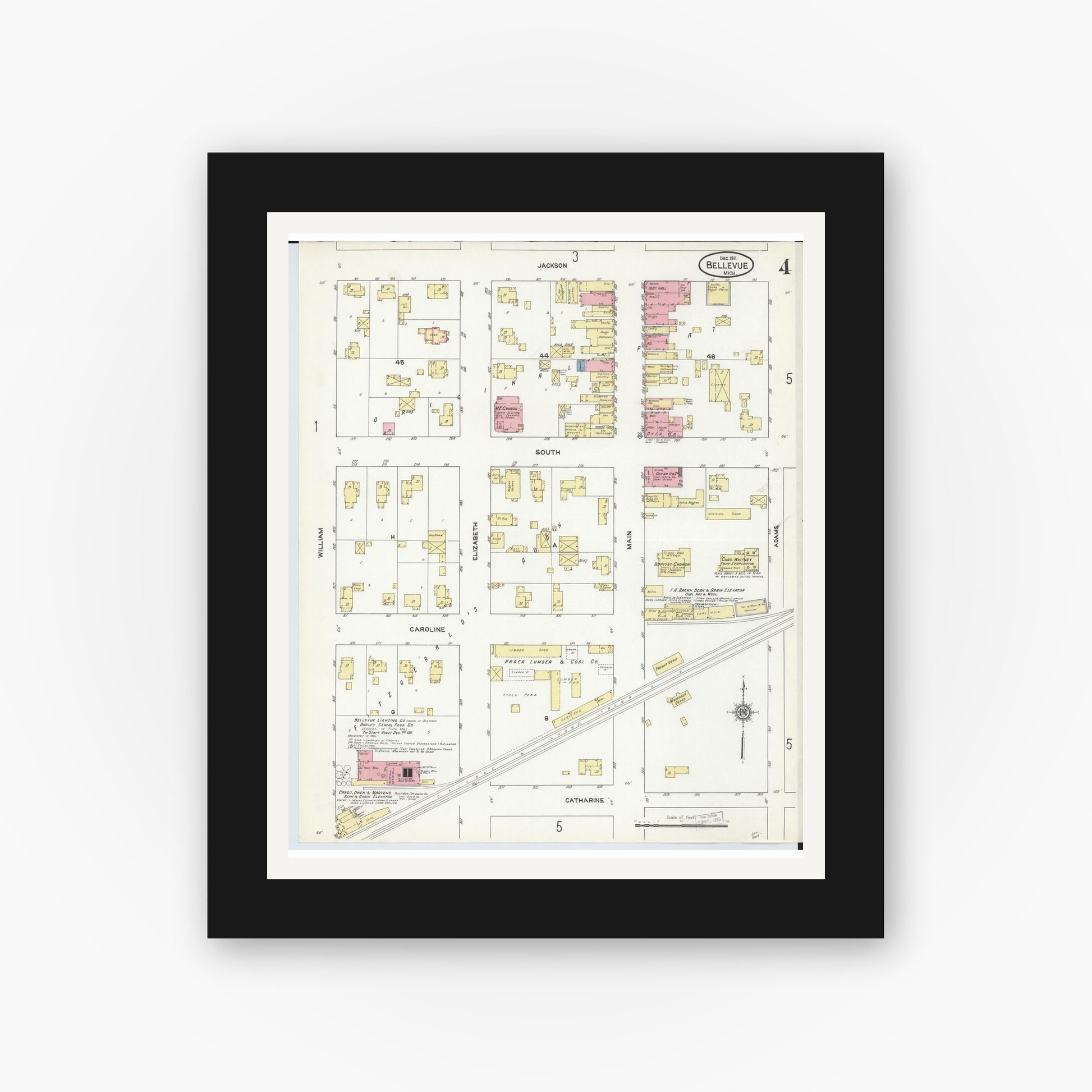 Old map wall art mockup — black gallery frame with white mat — Sanborn Fire Insurance Map from Bellevue, Eaton County, Michigan (1911), Sheet #0004