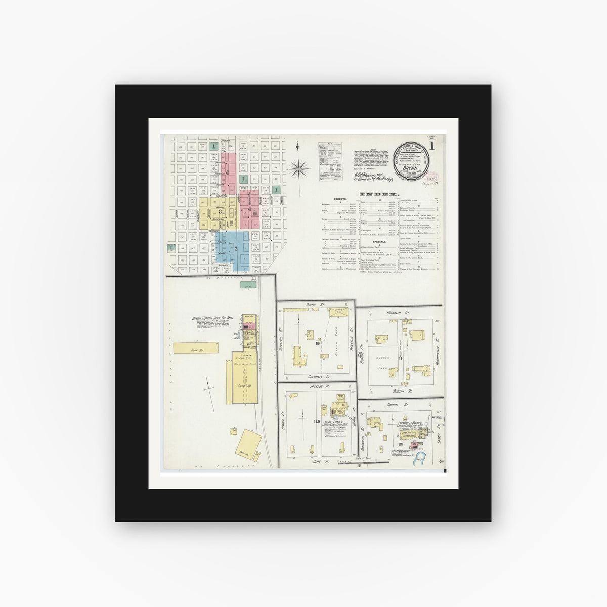 Old map wall art mockup — black gallery frame with white mat — Sanborn Fire Insurance Map from Bryan, Brazos County, Texas (1896) - Complete Map Set