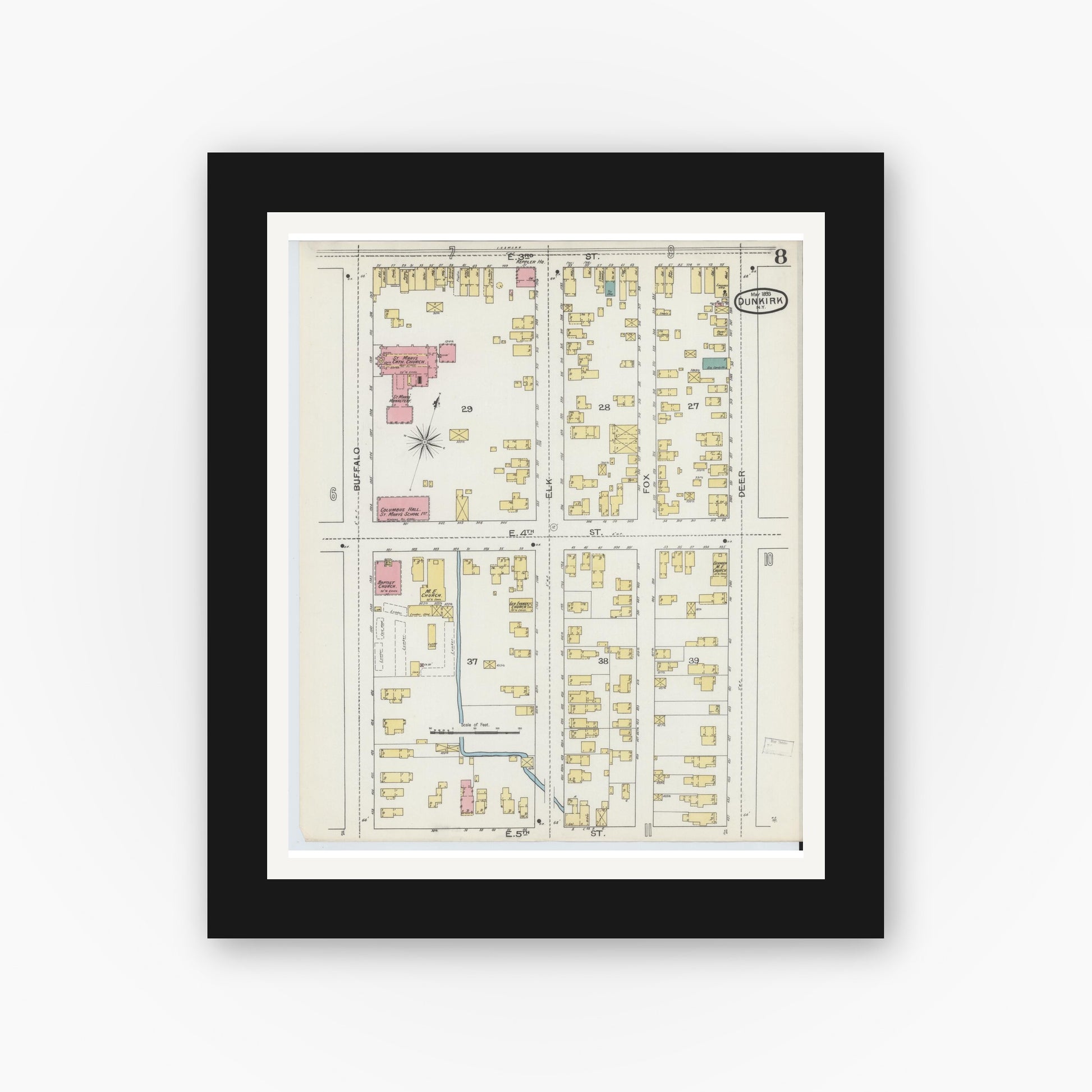 Old map wall art mockup — black gallery frame with white mat — Sanborn Fire Insurance Map from Dunkirk, Chautauqua County, New York (1893), Sheet #0008