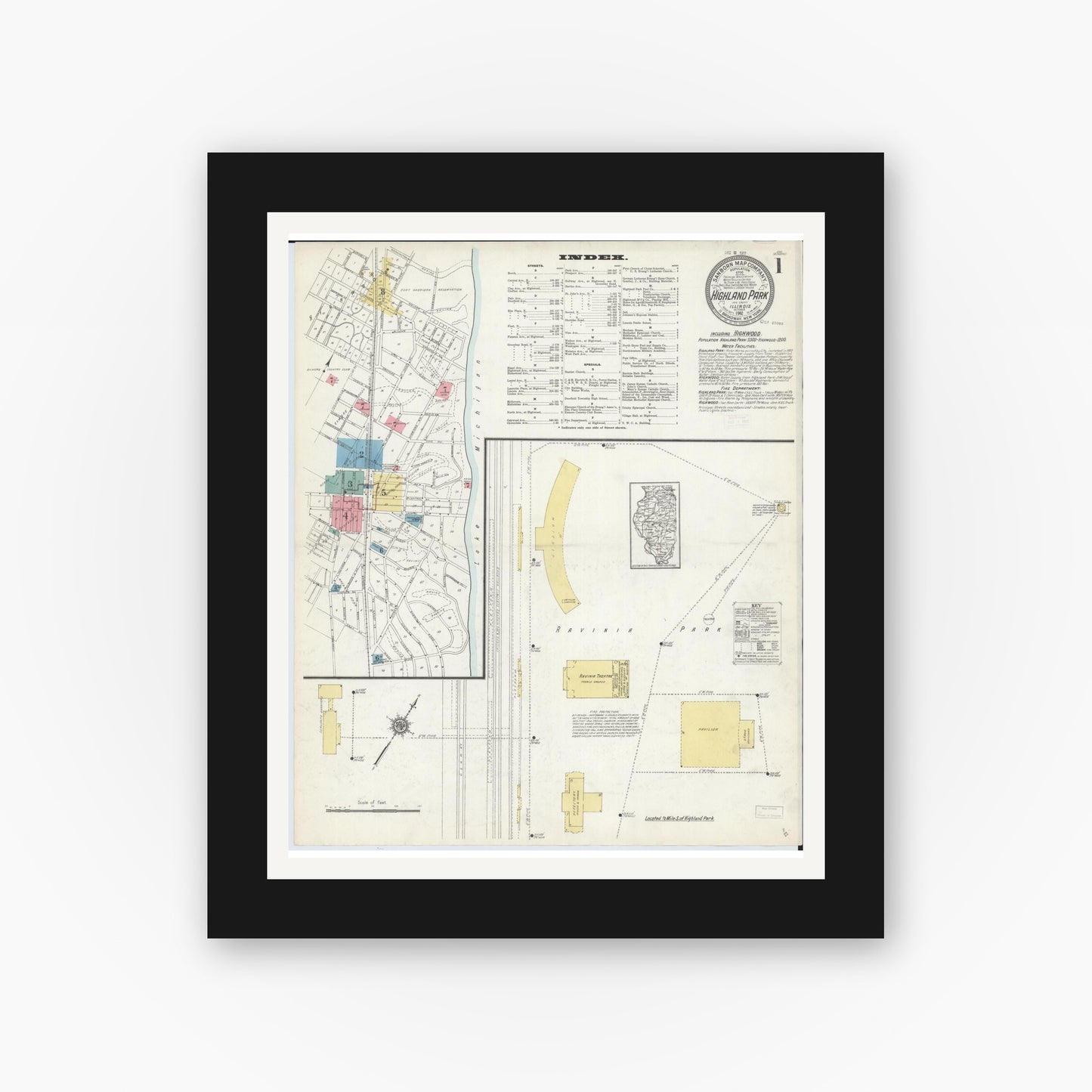 Old map wall art mockup — black gallery frame with white mat — Sanborn Fire Insurance Map from Highland Park, Lake County, Illinois (1912) - Complete Map Set