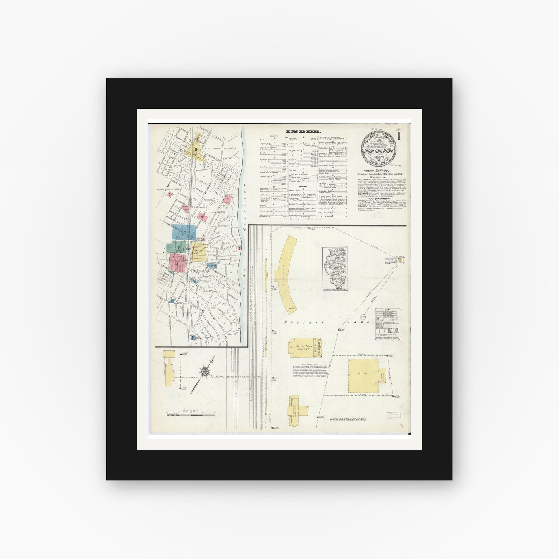 Old map wall art mockup — black gallery frame with white mat — Sanborn Fire Insurance Map from Highland Park, Lake County, Illinois (1912) - Complete Map Set