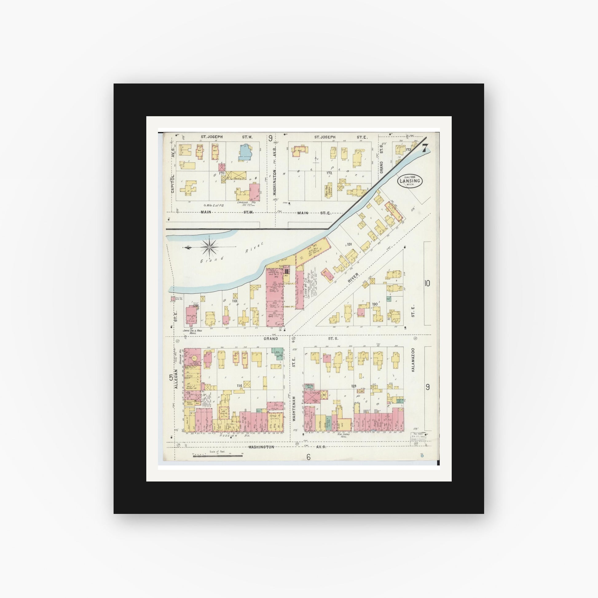 Old map wall art mockup — black gallery frame with white mat — Sanborn Fire Insurance Map from Lansing, Ingham County, Michigan (1898), Sheet #0007
