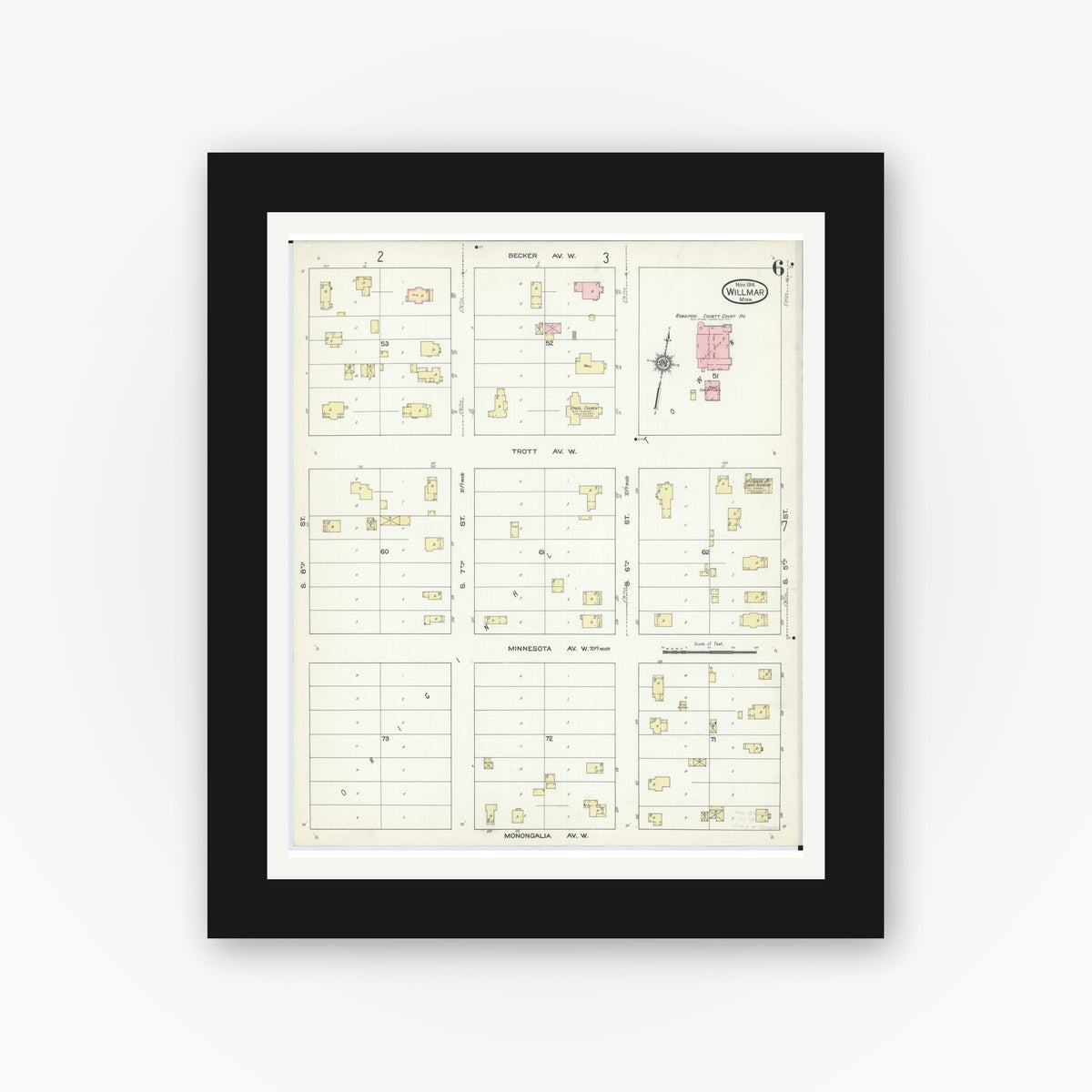Old map wall art mockup — black gallery frame with white mat — Sanborn Fire Insurance Map from Willmar, Kandiyohi County, Minnesota (1914), Sheet #0006