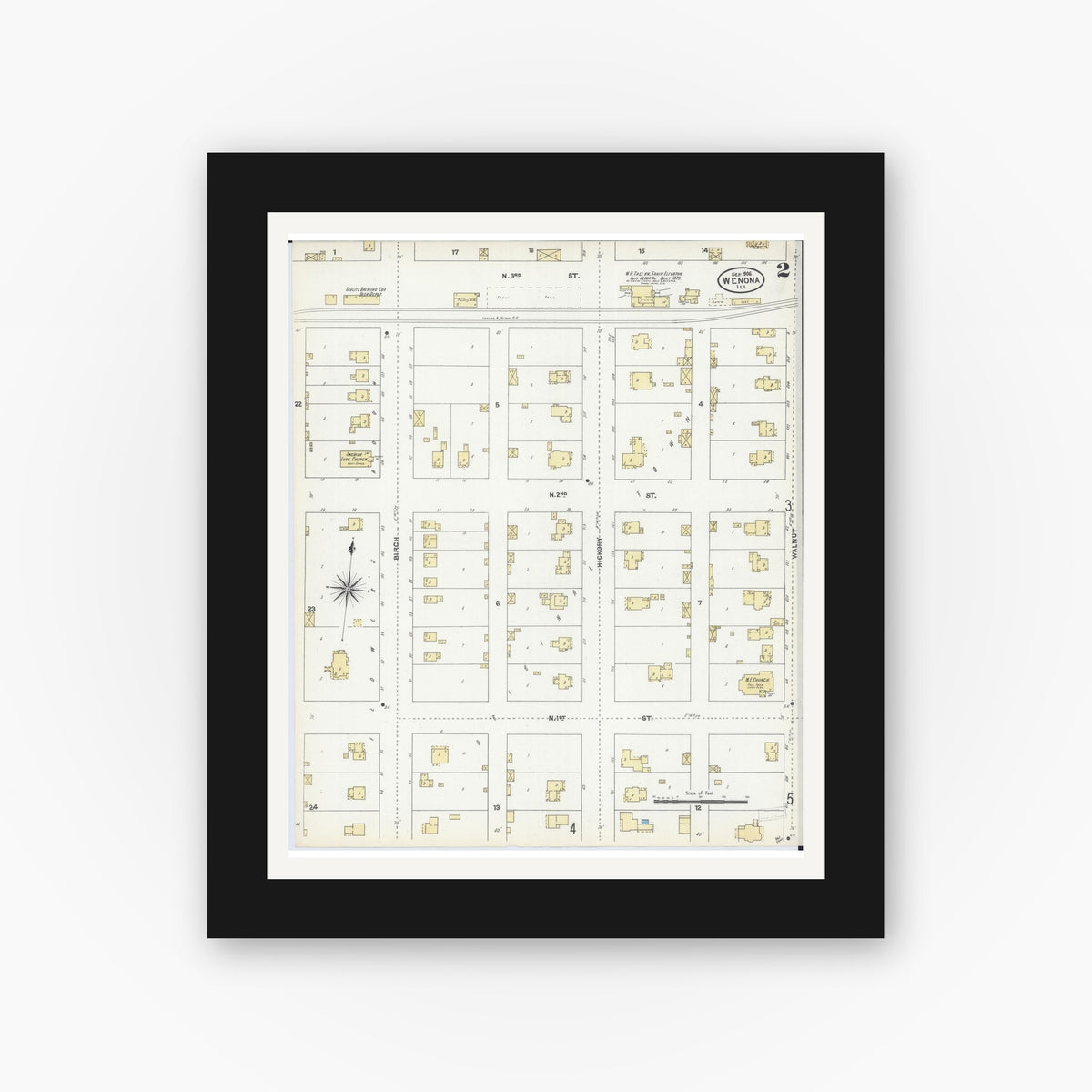 Old map wall art mockup — black gallery frame with white mat — Sanborn Fire Insurance Map from Wenona, Marshall County, Illinois (1906), Sheet #0002