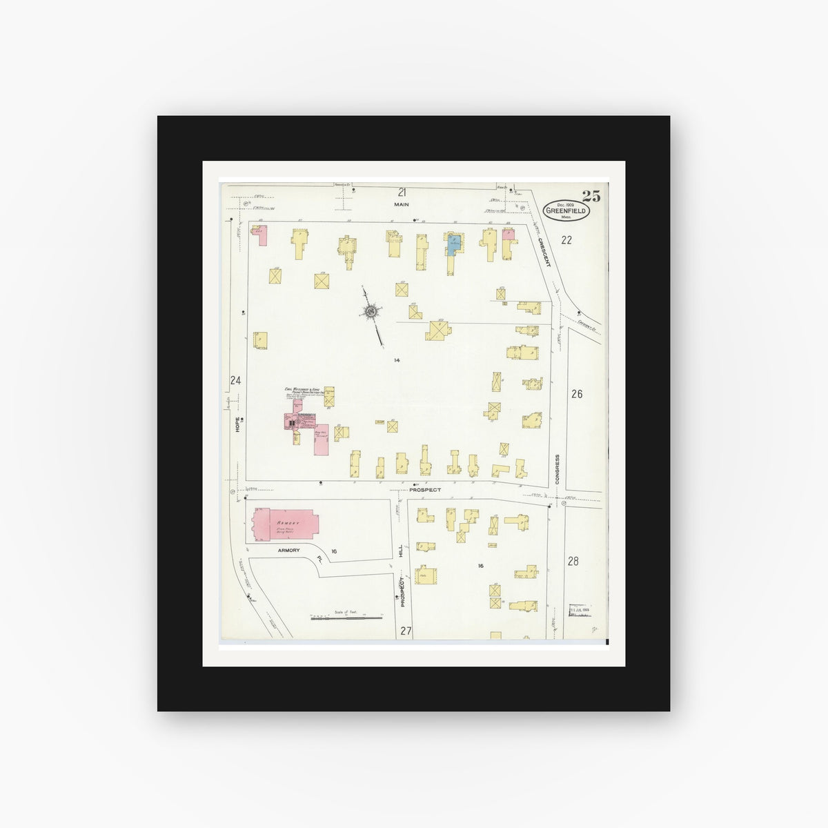 Old map wall art mockup — black gallery frame with white mat — Sanborn Fire Insurance Map from Greenfield, Franklin County, Massachusetts (1909), Sheet #0025