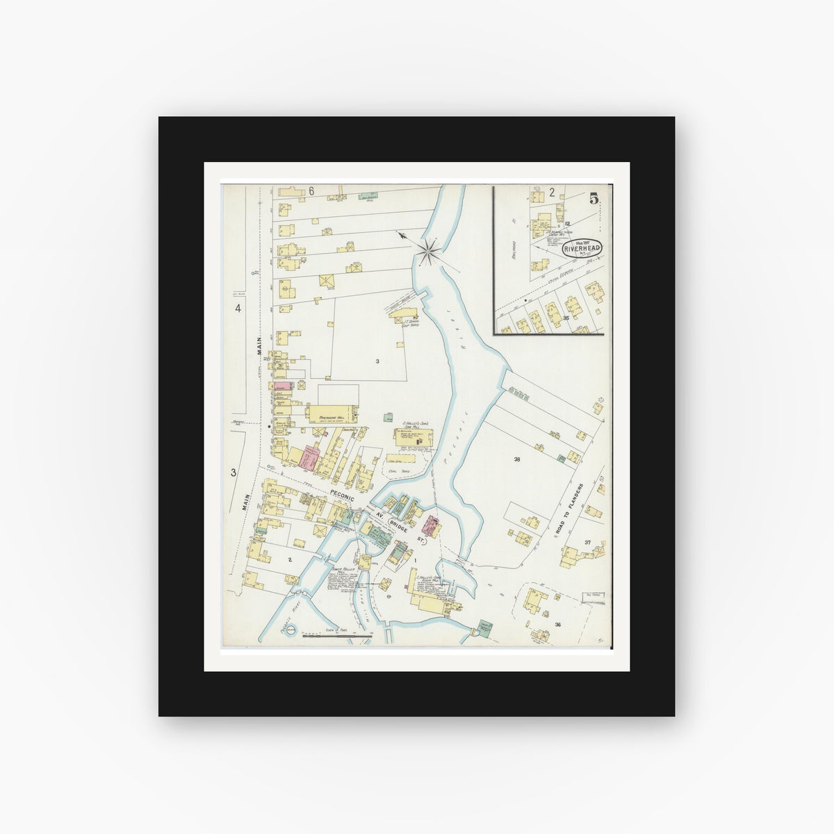 Old map wall art mockup — black gallery frame with white mat — Sanborn Fire Insurance Map from Riverhead, Suffolk County, New York (1897), Sheet #0005