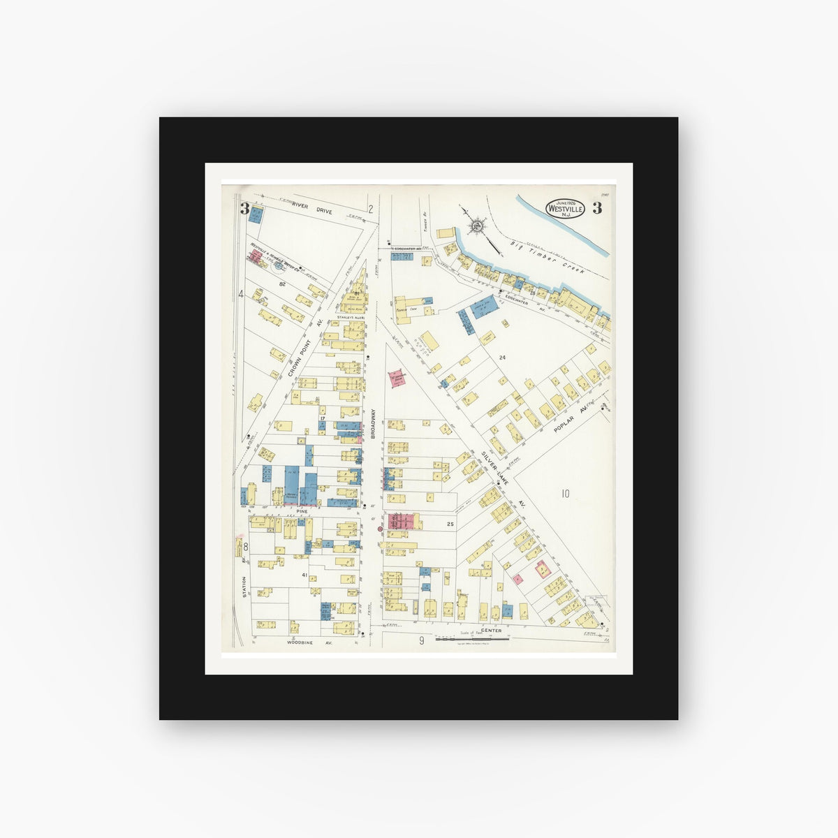 Old map wall art mockup — black gallery frame with white mat — Sanborn Fire Insurance Map from Westville, Gloucester County, New Jersey (1926), Sheet #0003