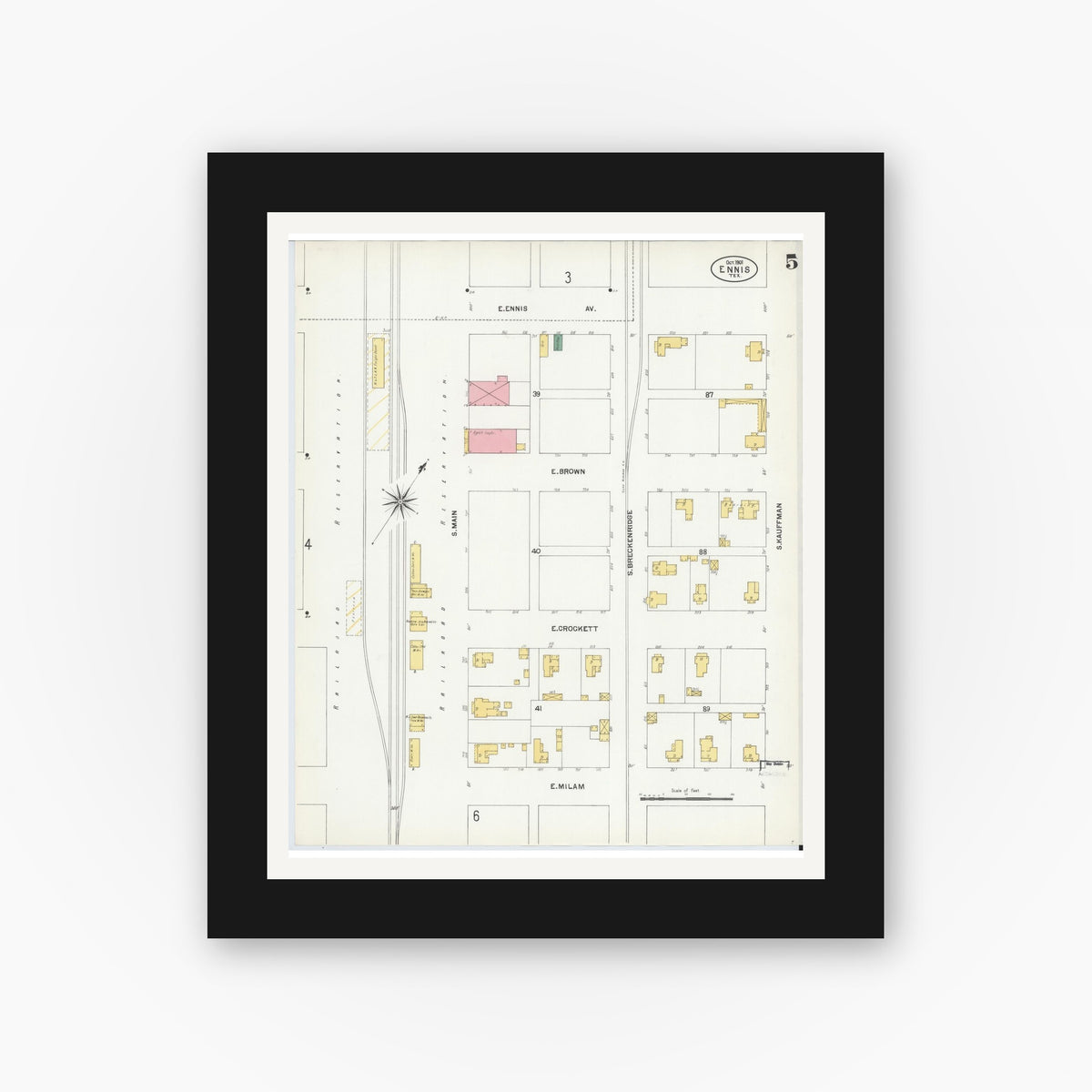 Old map wall art mockup — black gallery frame with white mat — Sanborn Fire Insurance Map from Ennis, Ellis County, Texas (1901), Sheet #0005