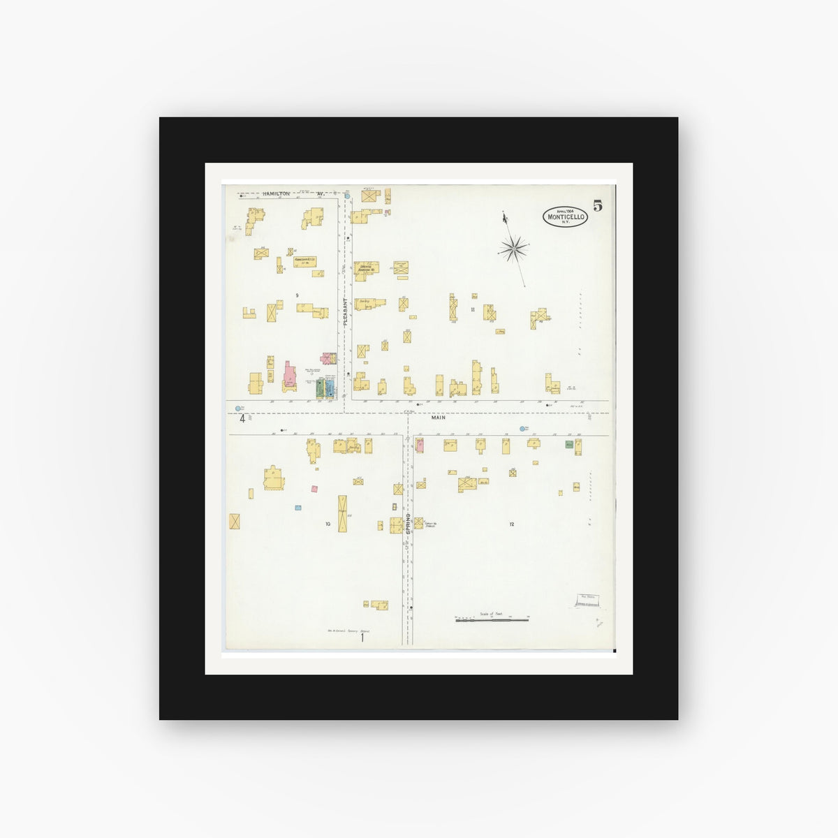Old map wall art mockup — black gallery frame with white mat — Sanborn Fire Insurance Map from Monticello, Sullivan County, New York (1904), Sheet #0005