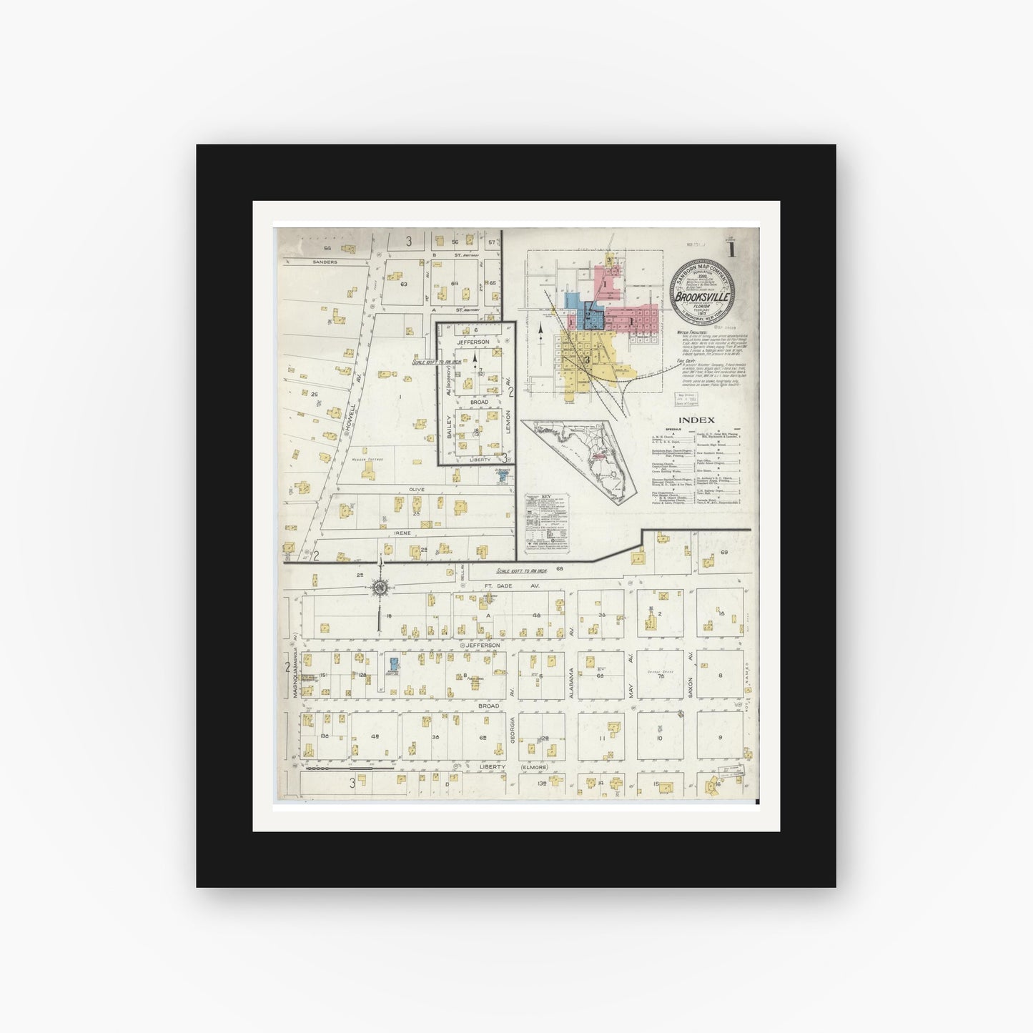 Old map wall art mockup — black gallery frame with white mat — Sanborn Fire Insurance Map from Brooksville, Hernando County, Florida (1917), Sheet #0001