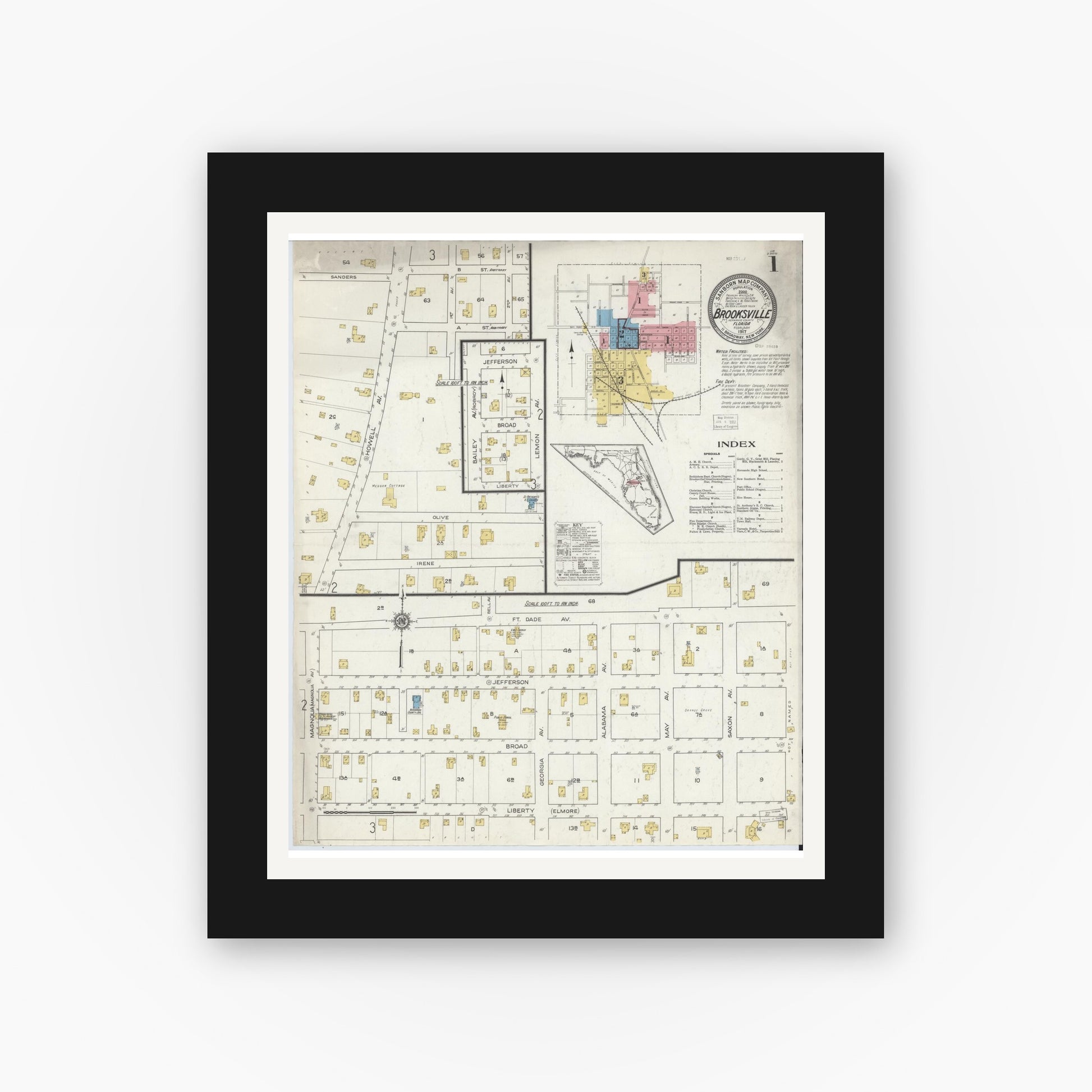 Old map wall art mockup — black gallery frame with white mat — Sanborn Fire Insurance Map from Brooksville, Hernando County, Florida (1917), Sheet #0001