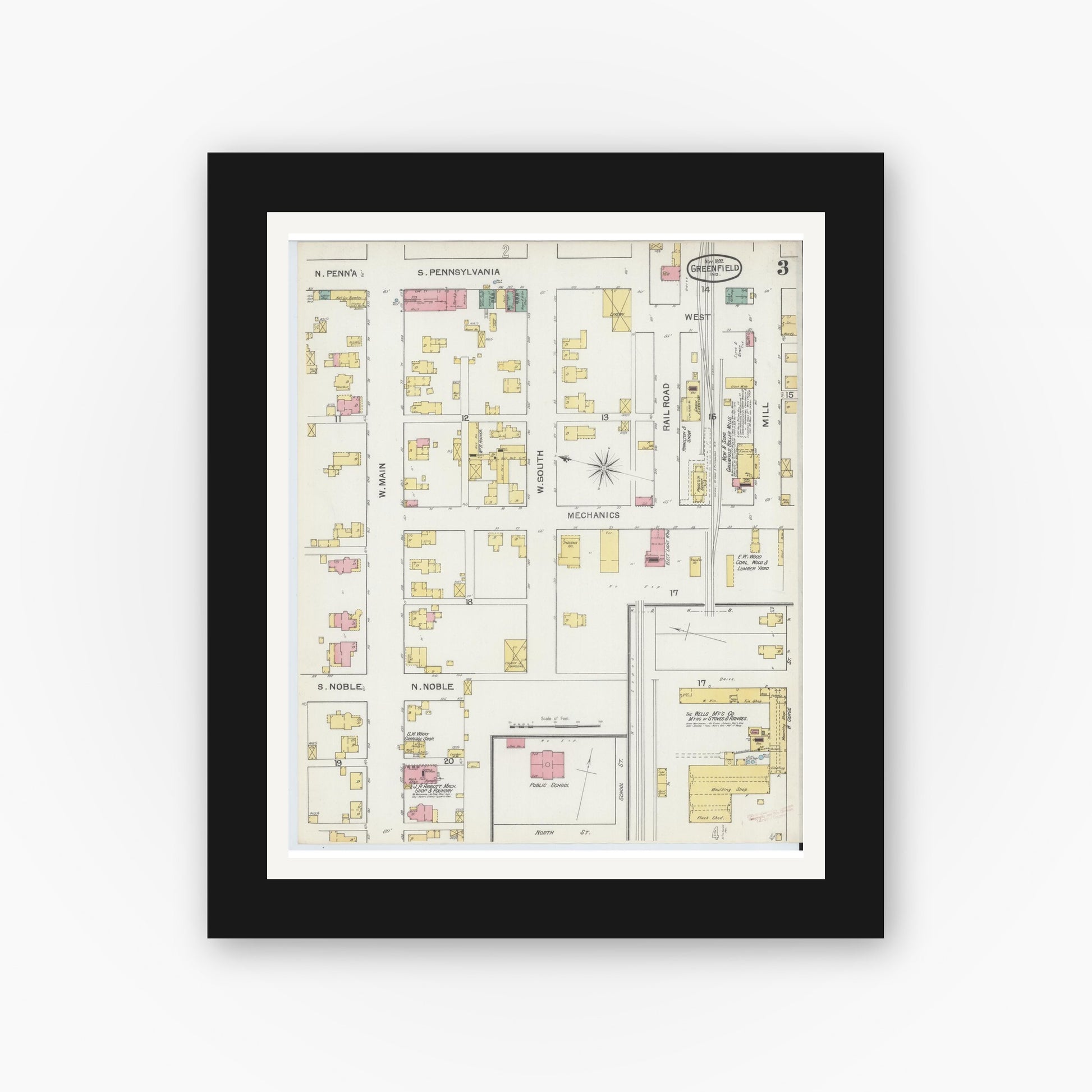 Old map wall art mockup — black gallery frame with white mat — Sanborn Fire Insurance Map from Greenfield, Hancock County, Indiana (1892), Sheet #0003