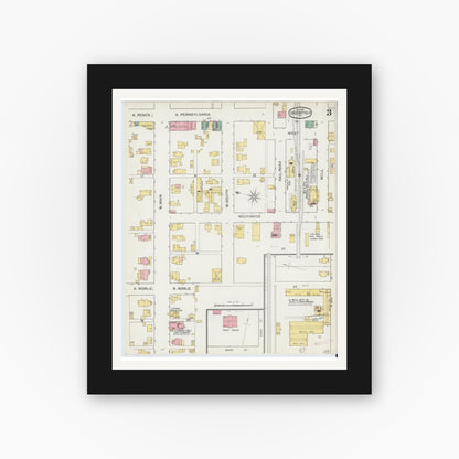 Old map wall art mockup — black gallery frame with white mat — Sanborn Fire Insurance Map from Greenfield, Hancock County, Indiana (1892), Sheet #0003