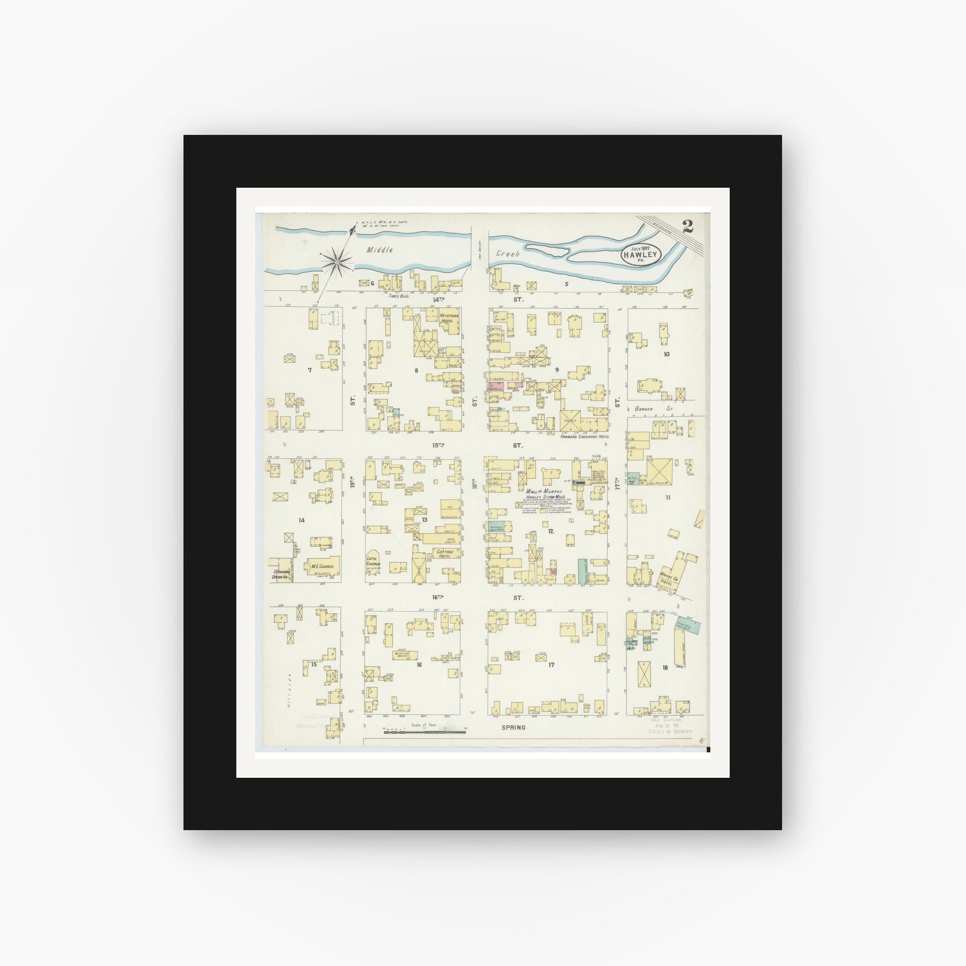 Old map wall art mockup — black gallery frame with white mat — Sanborn Fire Insurance Map from Hawley, Wayne County, Pennsylvania (1897), Sheet #0002