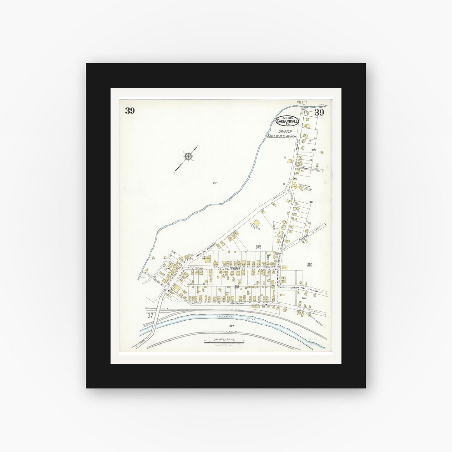 Old map wall art mockup — black gallery frame with white mat — Sanborn Fire Insurance Map from Carbondale, Lackawanna County, Pennsylvania (1923), Sheet #0039