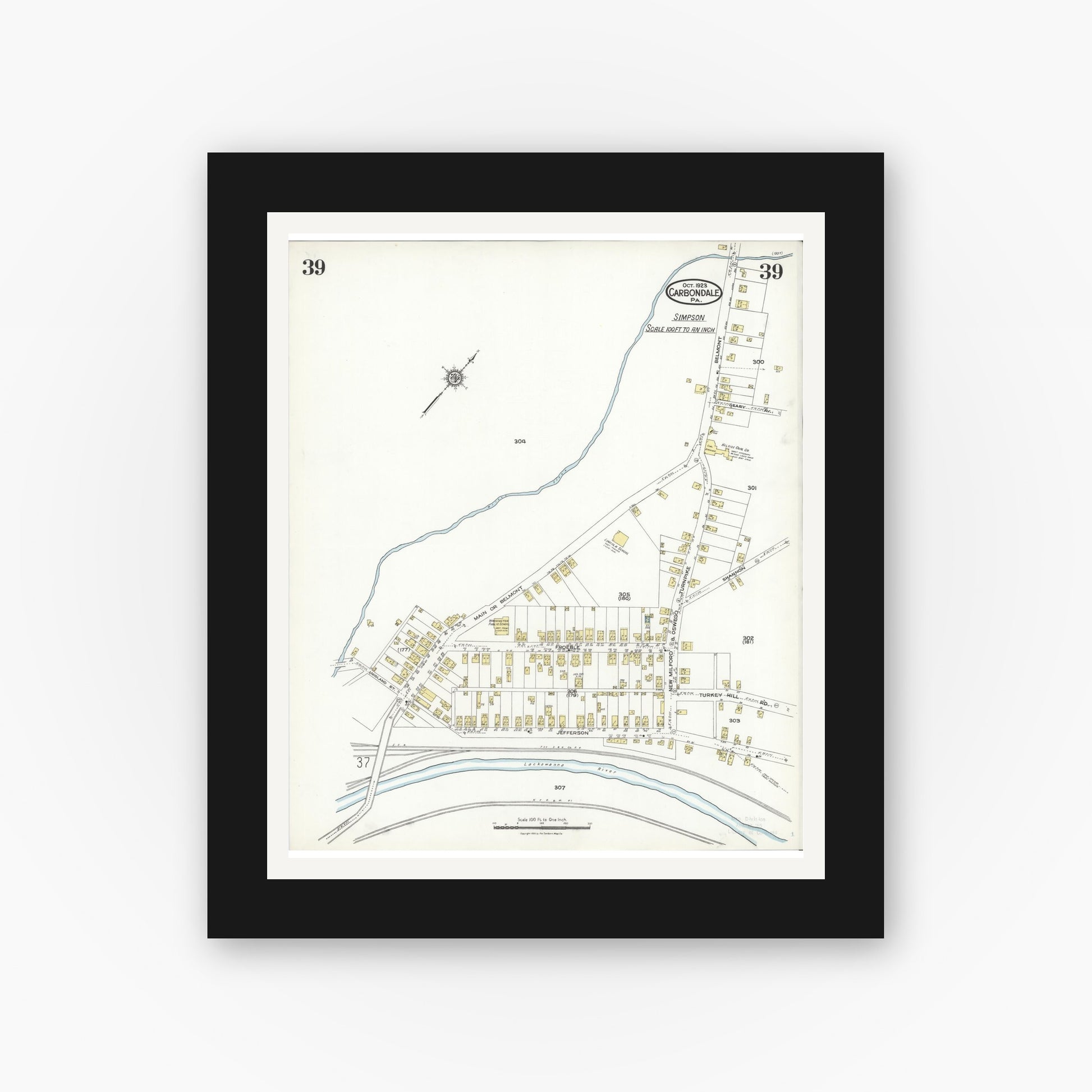 Old map wall art mockup — black gallery frame with white mat — Sanborn Fire Insurance Map from Carbondale, Lackawanna County, Pennsylvania (1923), Sheet #0039