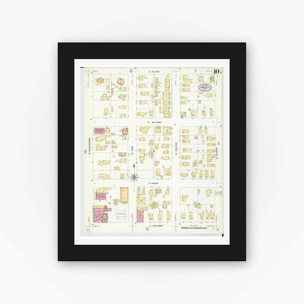 Old map wall art mockup — black gallery frame with white mat — Sanborn Fire Insurance Map from Owosso, Shiawassee County, Michigan (1908), Sheet #0010