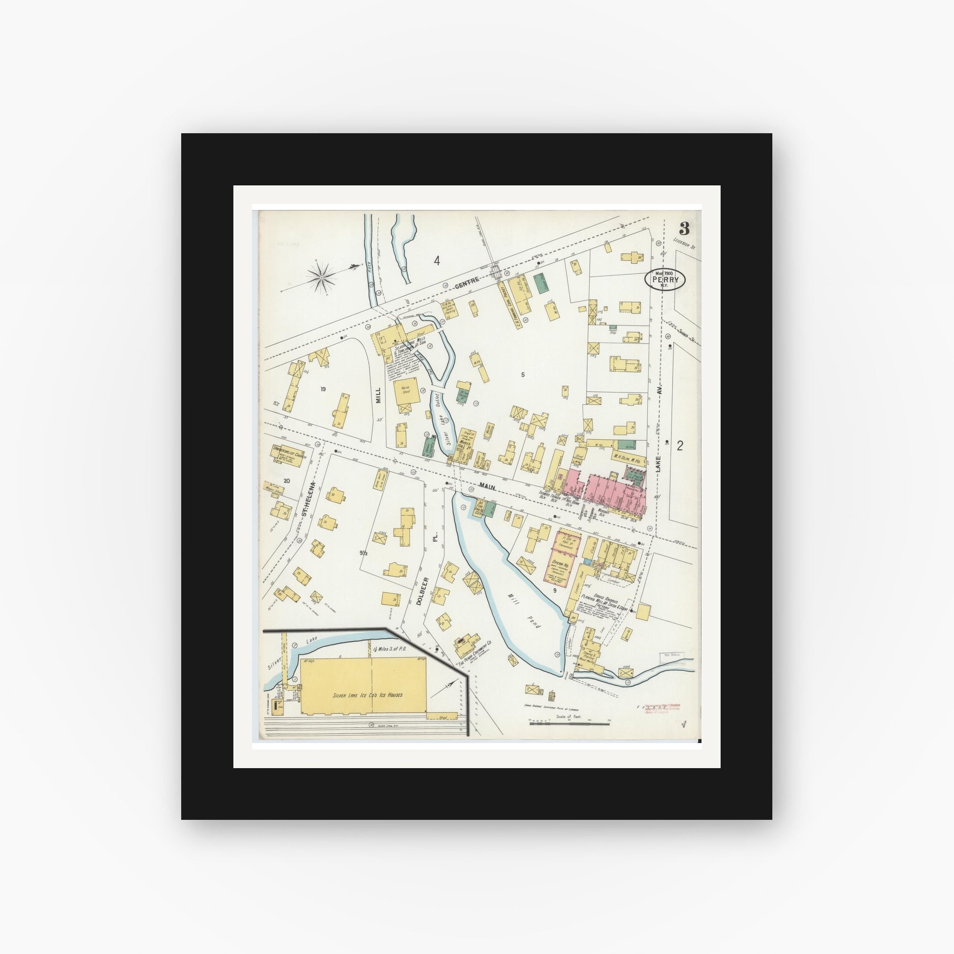 Old map wall art mockup — black gallery frame with white mat — Sanborn Fire Insurance Map from Perry, Wyoming County, New York (1900), Sheet #0003