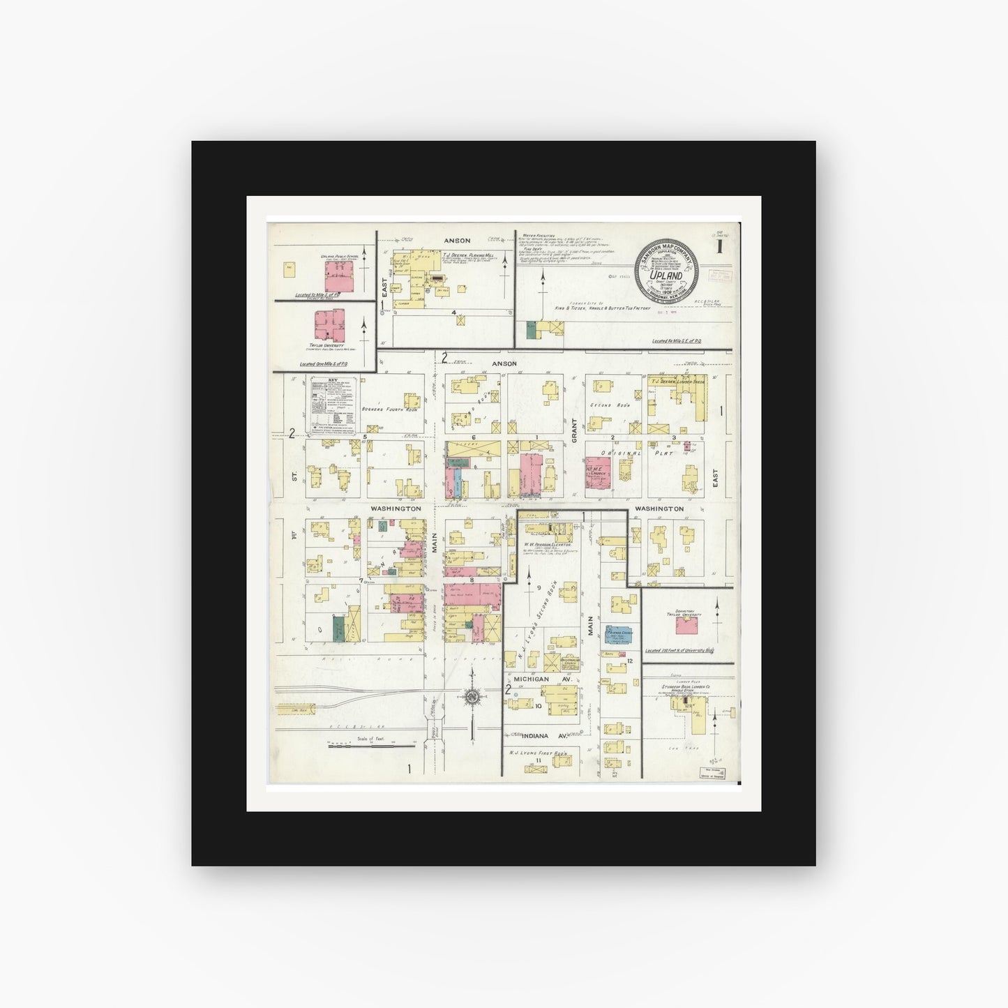 Old map wall art mockup — black gallery frame with white mat — Sanborn Fire Insurance Map from Upland, Grant County, Indiana (1909) - Complete Map Set