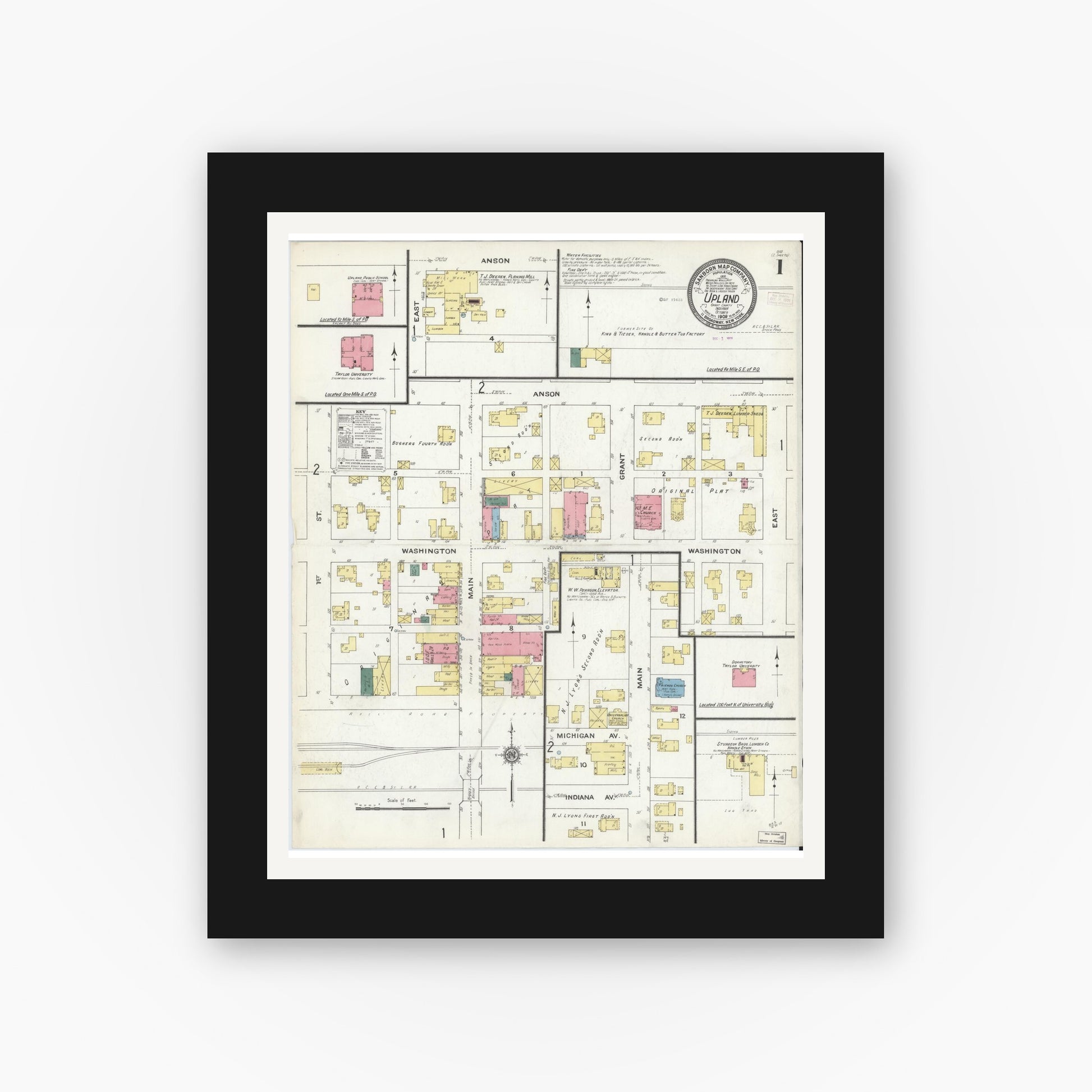 Old map wall art mockup — black gallery frame with white mat — Sanborn Fire Insurance Map from Upland, Grant County, Indiana (1909) - Complete Map Set