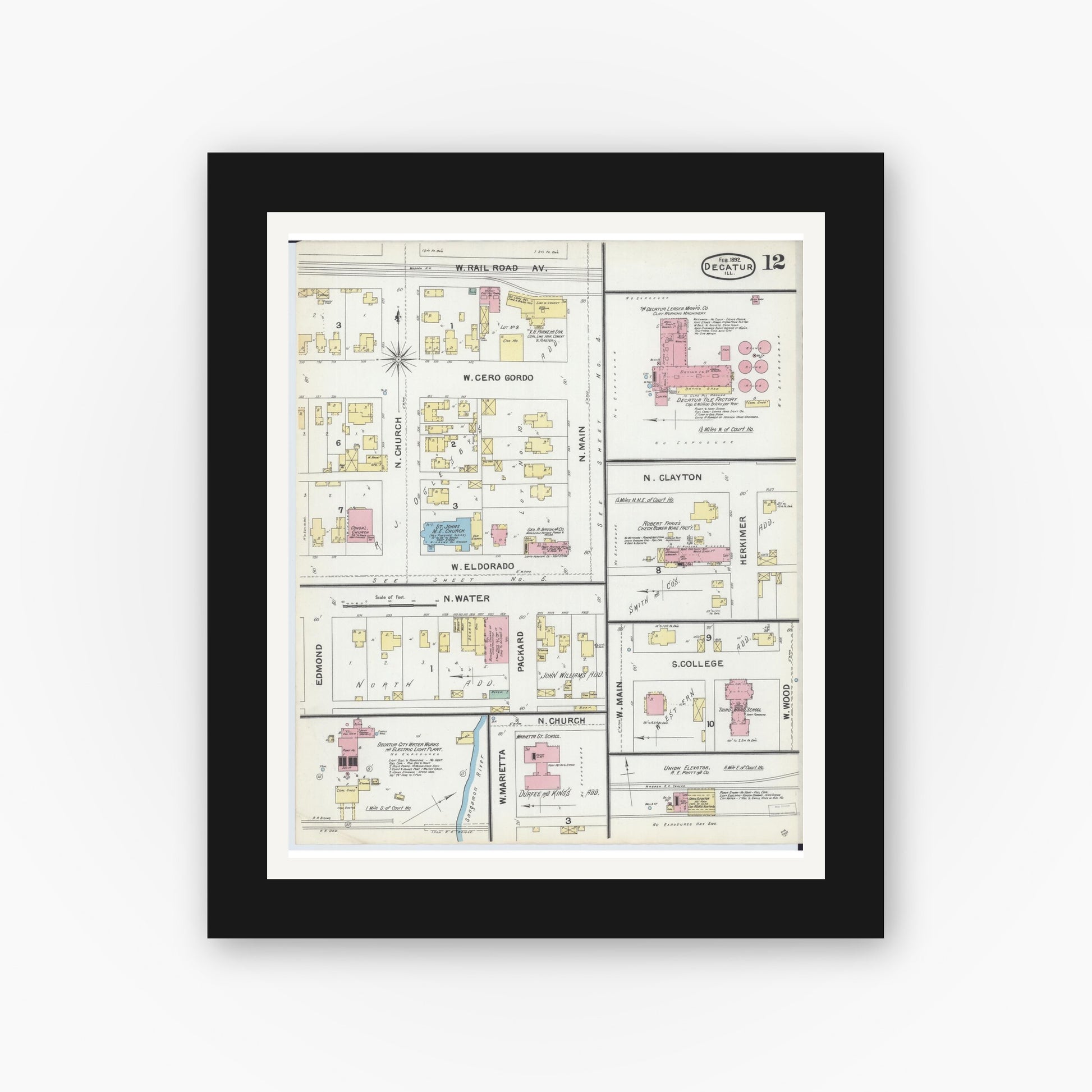 Old map wall art mockup — black gallery frame with white mat — Sanborn Fire Insurance Map from Decatur, Macon County, Illinois (1892), Sheet #0012