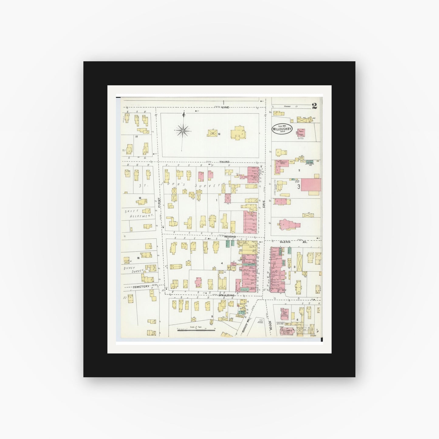 Old map wall art mockup — black gallery frame with white mat — Sanborn Fire Insurance Map from Willoughby, Lake County, Ohio (1904), Sheet #0002