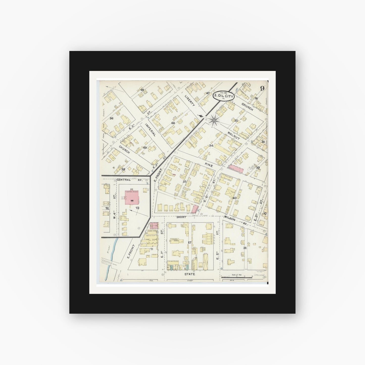 Old map wall art mockup — black gallery frame with white mat — Sanborn Fire Insurance Map from Oil City, Venango County, Pennsylvania (1891), Sheet #0009