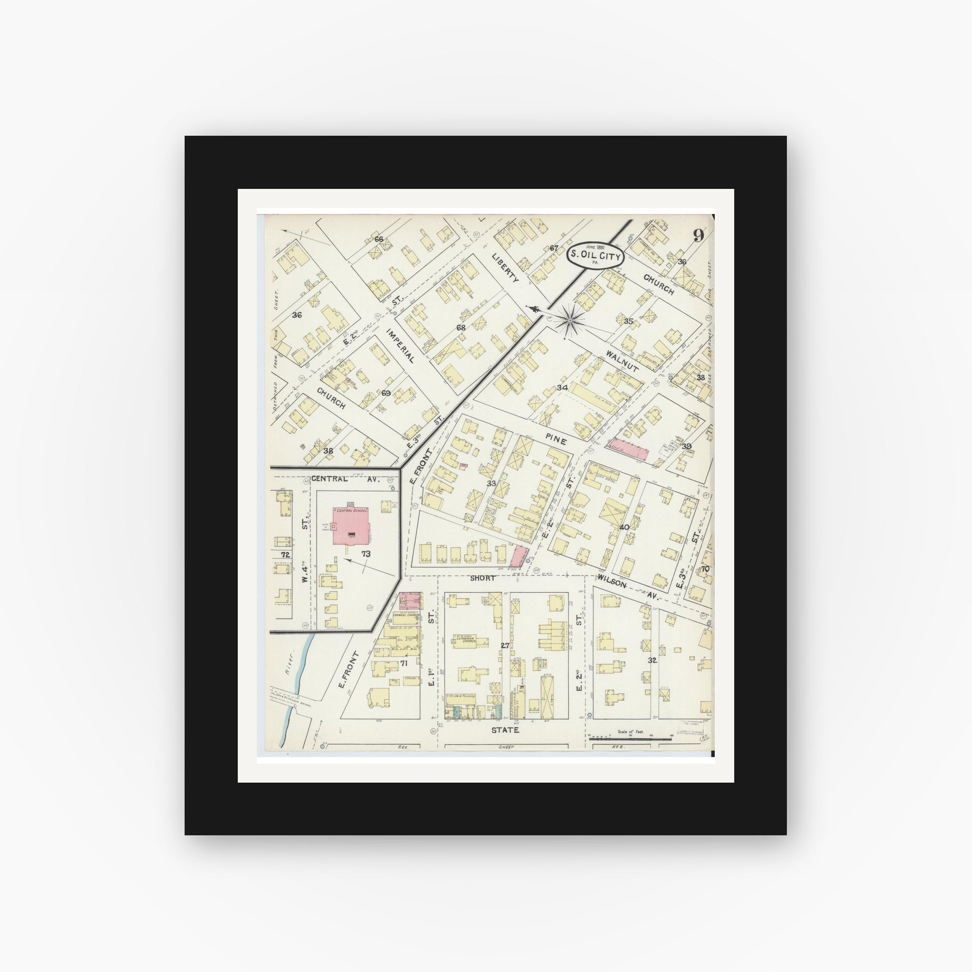 Old map wall art mockup — black gallery frame with white mat — Sanborn Fire Insurance Map from Oil City, Venango County, Pennsylvania (1891), Sheet #0009