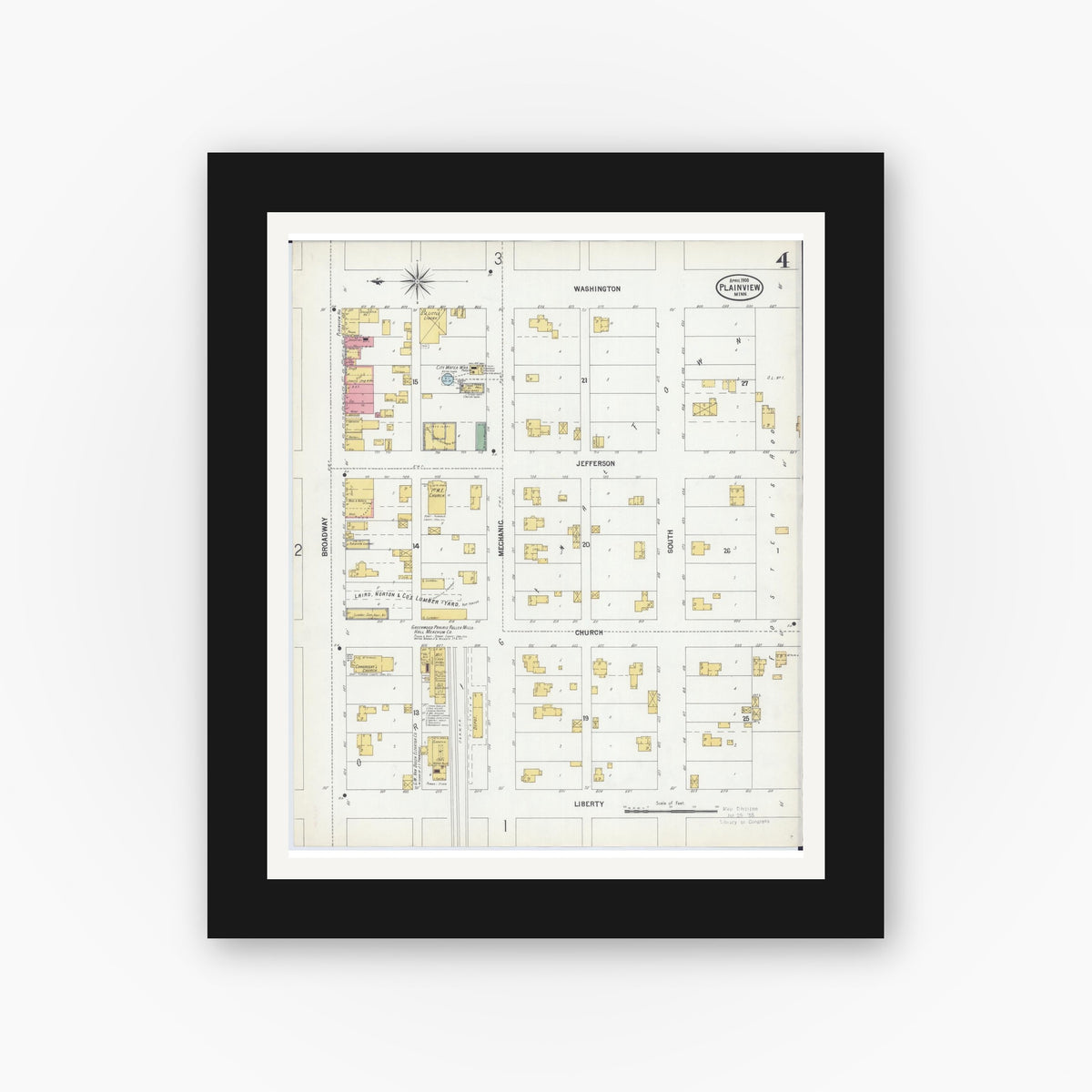 Old map wall art mockup — black gallery frame with white mat — Sanborn Fire Insurance Map from Plainview, Wabasha County, Minnesota (1900), Sheet #0004
