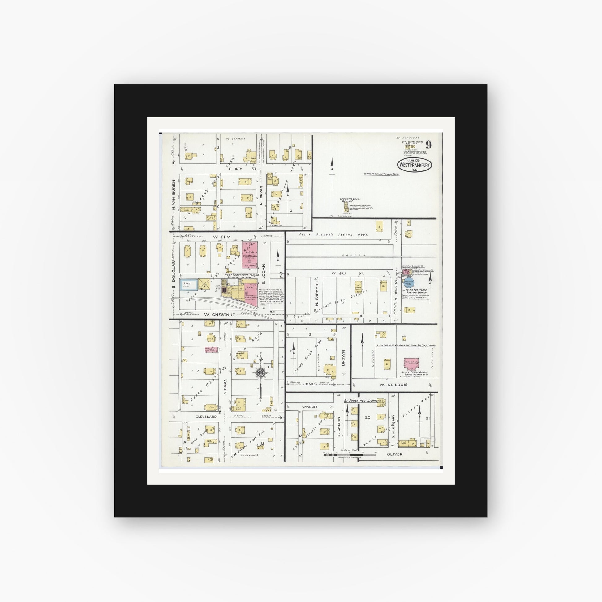 Old map wall art mockup — black gallery frame with white mat — Sanborn Fire Insurance Map from West Frankfort, Franklin County, Illinois (1919), Sheet #0009