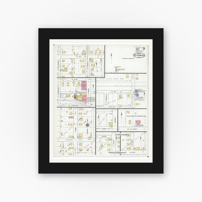 Old map wall art mockup — black gallery frame with white mat — Sanborn Fire Insurance Map from West Frankfort, Franklin County, Illinois (1919), Sheet #0009