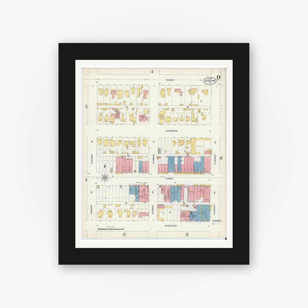 Old map wall art mockup — black gallery frame with white mat — Sanborn Fire Insurance Map from Denison, Grayson County, Texas (1903), Sheet #0009