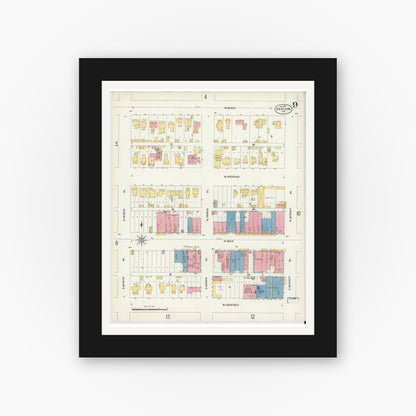 Old map wall art mockup — black gallery frame with white mat — Sanborn Fire Insurance Map from Denison, Grayson County, Texas (1903), Sheet #0009