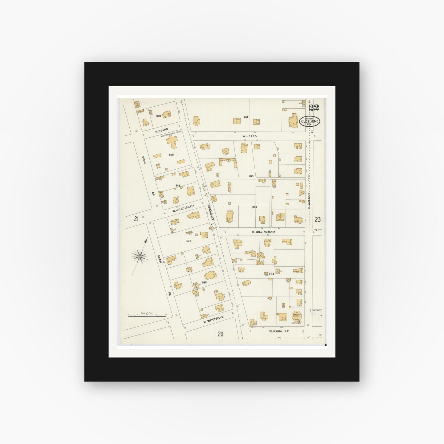 Old map wall art mockup — black gallery frame with white mat — Sanborn Fire Insurance Map from Cleburne, Johnson County, Texas (1904), Sheet #0022