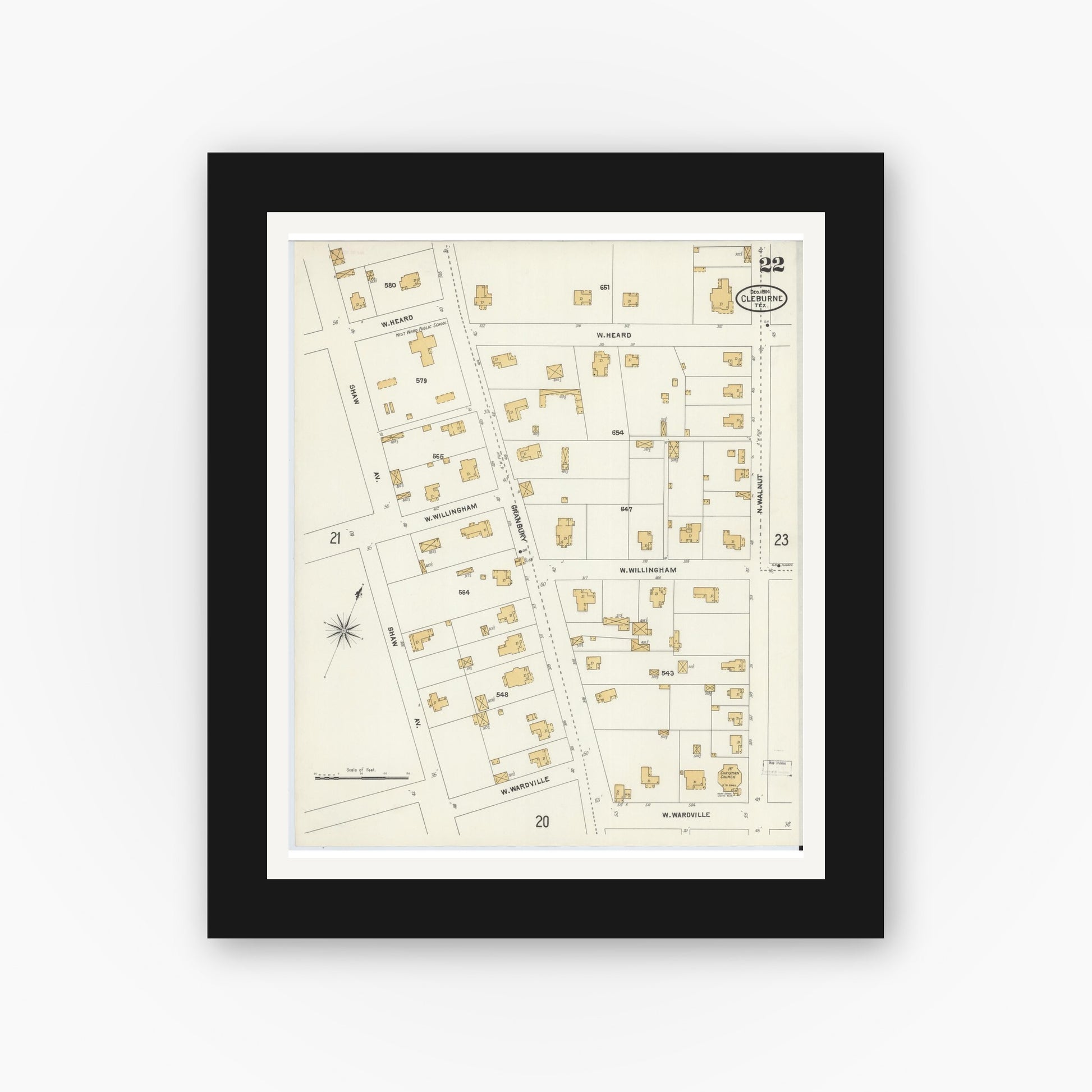 Old map wall art mockup — black gallery frame with white mat — Sanborn Fire Insurance Map from Cleburne, Johnson County, Texas (1904), Sheet #0022