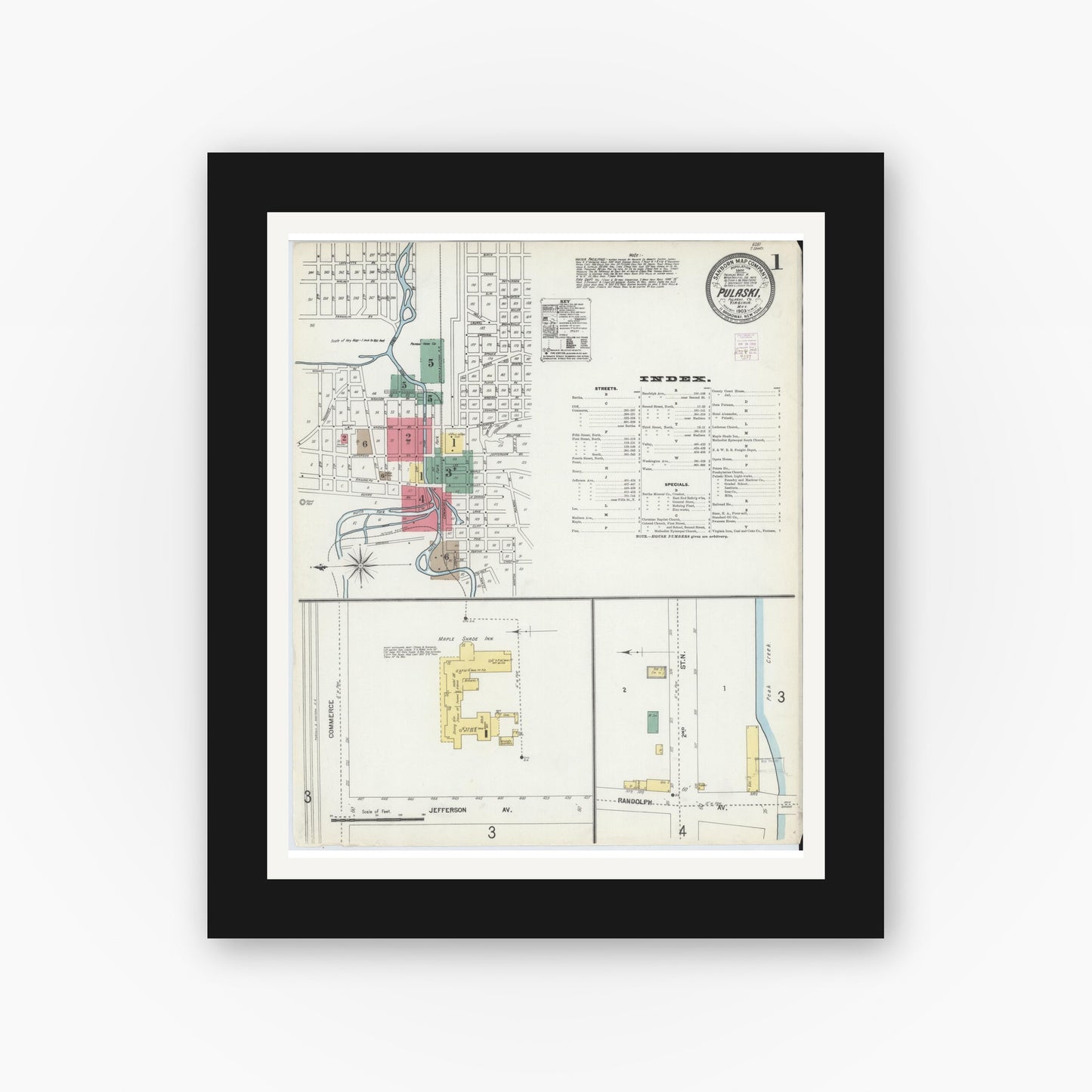 Old map wall art mockup — black gallery frame with white mat — Sanborn Fire Insurance Map from Pulaski, Pulaski County, Virginia (1903) - Complete Map Set