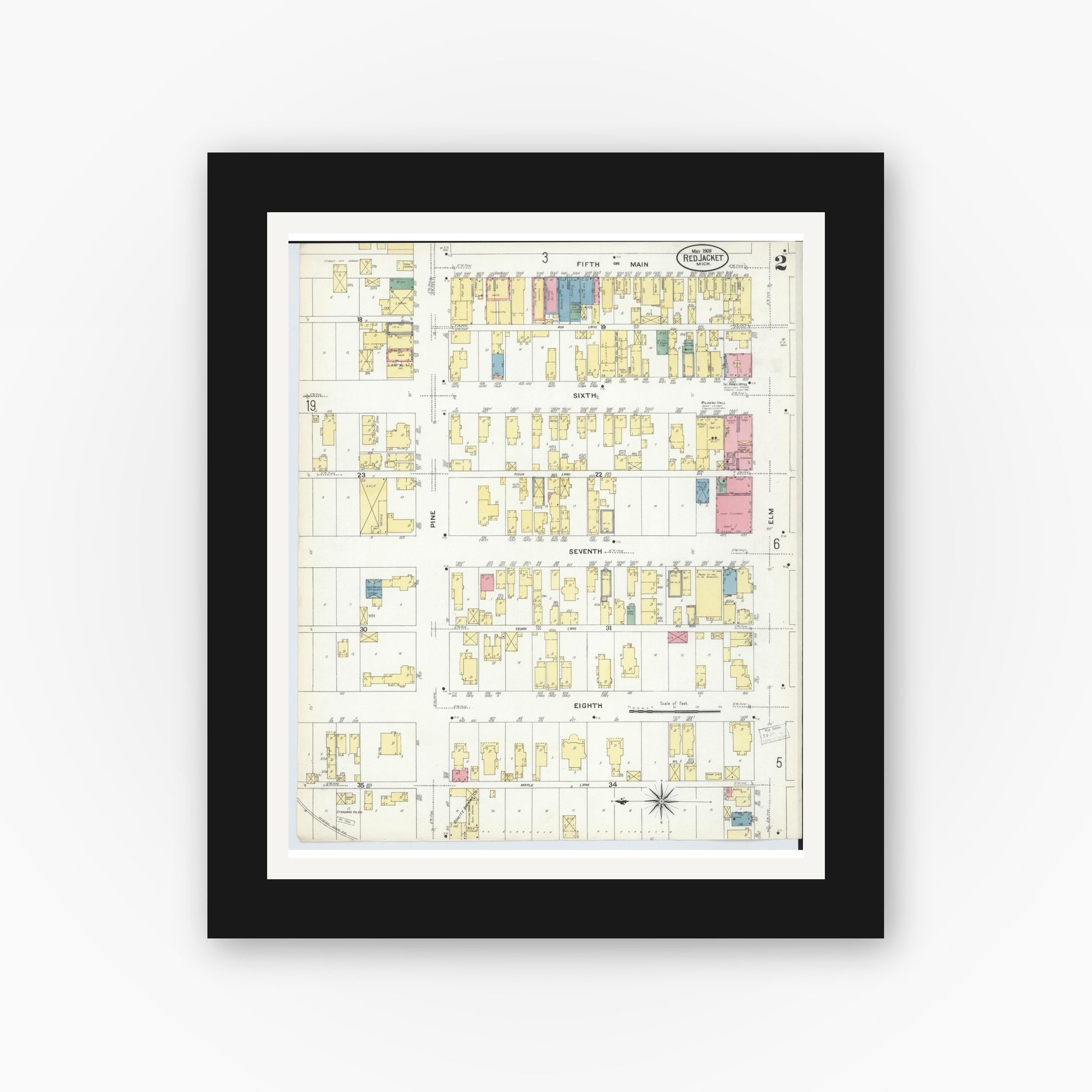 Old map wall art mockup — black gallery frame with white mat — Sanborn Fire Insurance Map from Red Jacket, Houghton County, Michigan (1908), Sheet #0002