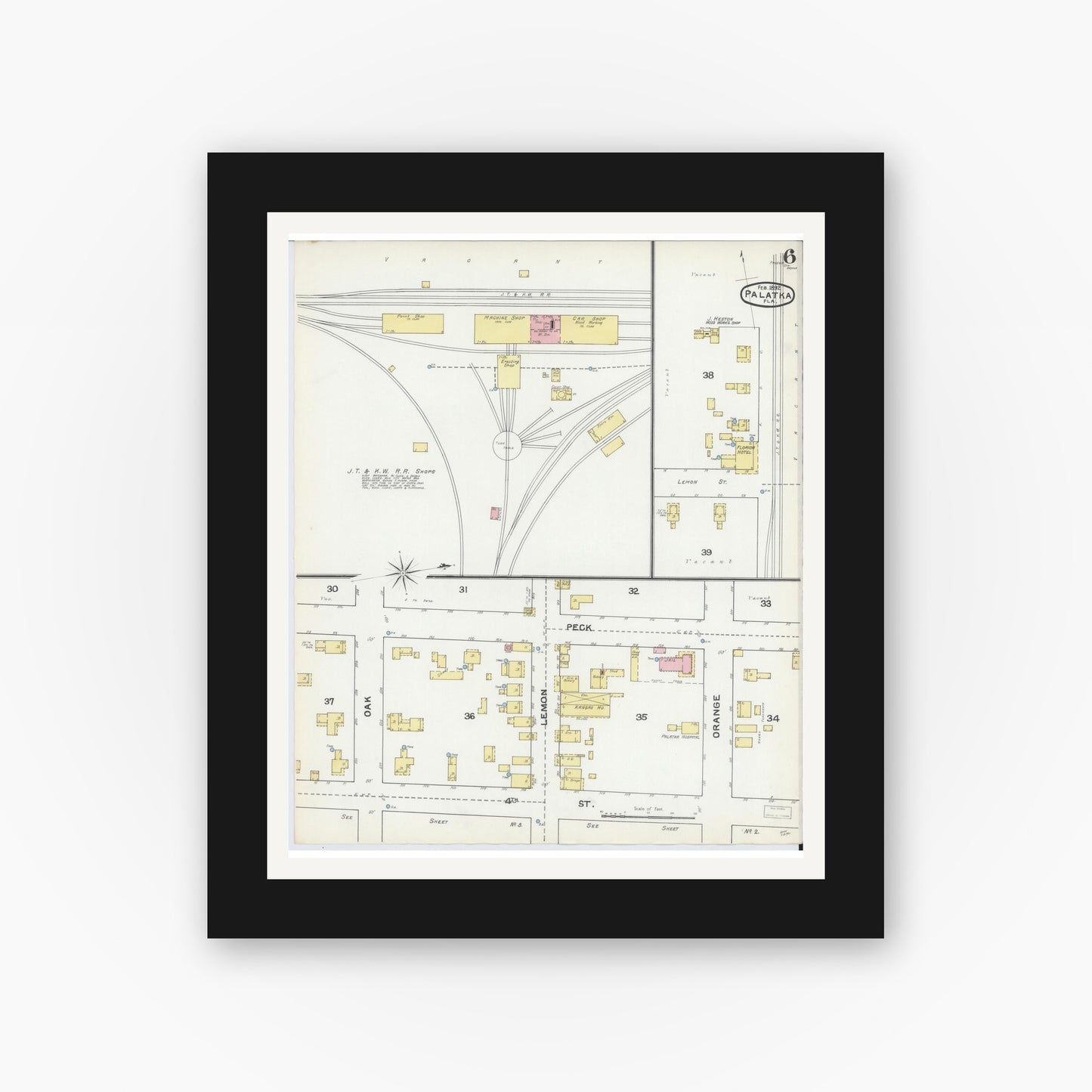 Old map wall art mockup — black gallery frame with white mat — Sanborn Fire Insurance Map from Palatka, Putnam County, Florida (1892), Sheet #0006