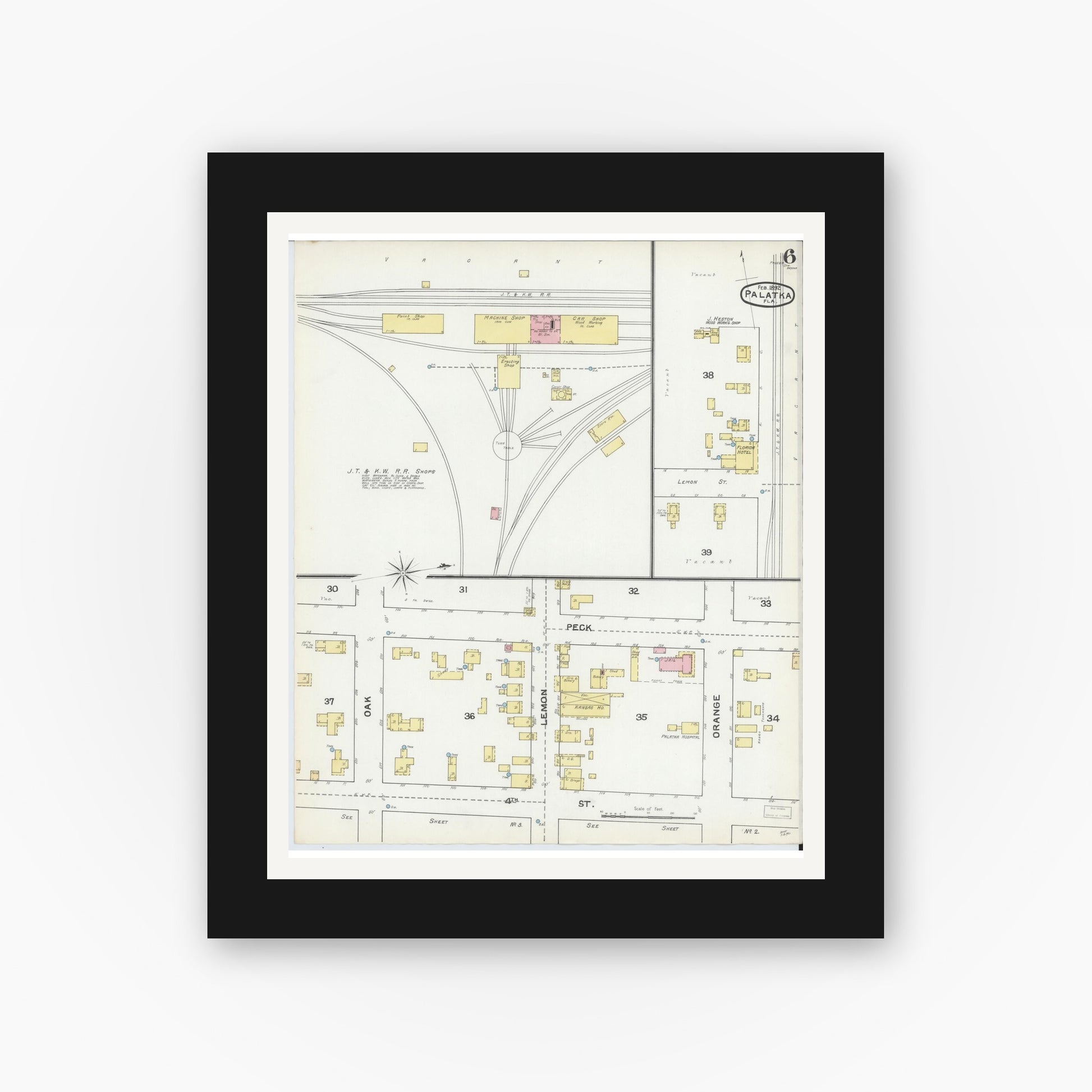 Old map wall art mockup — black gallery frame with white mat — Sanborn Fire Insurance Map from Palatka, Putnam County, Florida (1892), Sheet #0006